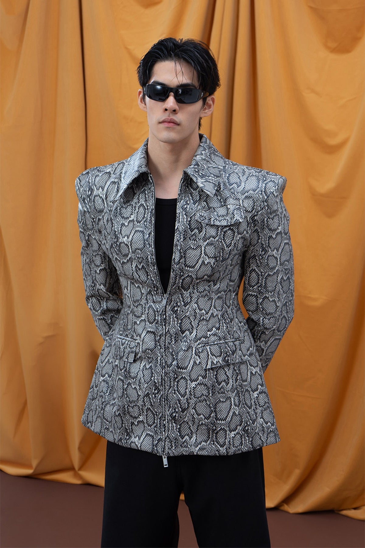 CLP Snake-Print Faux Leather Padded-Shoulder Blazer Jacket — half body