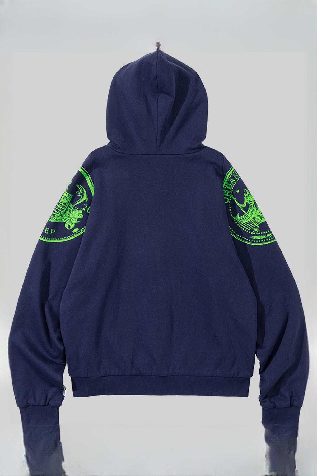 URBAN+FOREST Mythic Coin Graphic Double-Layer Hooded Jacket — flat lay · Navy