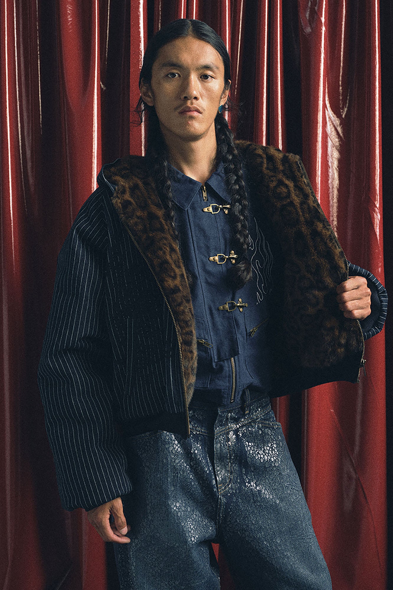 TRECLUB Leopard Lining Striped Bomber Jacket
