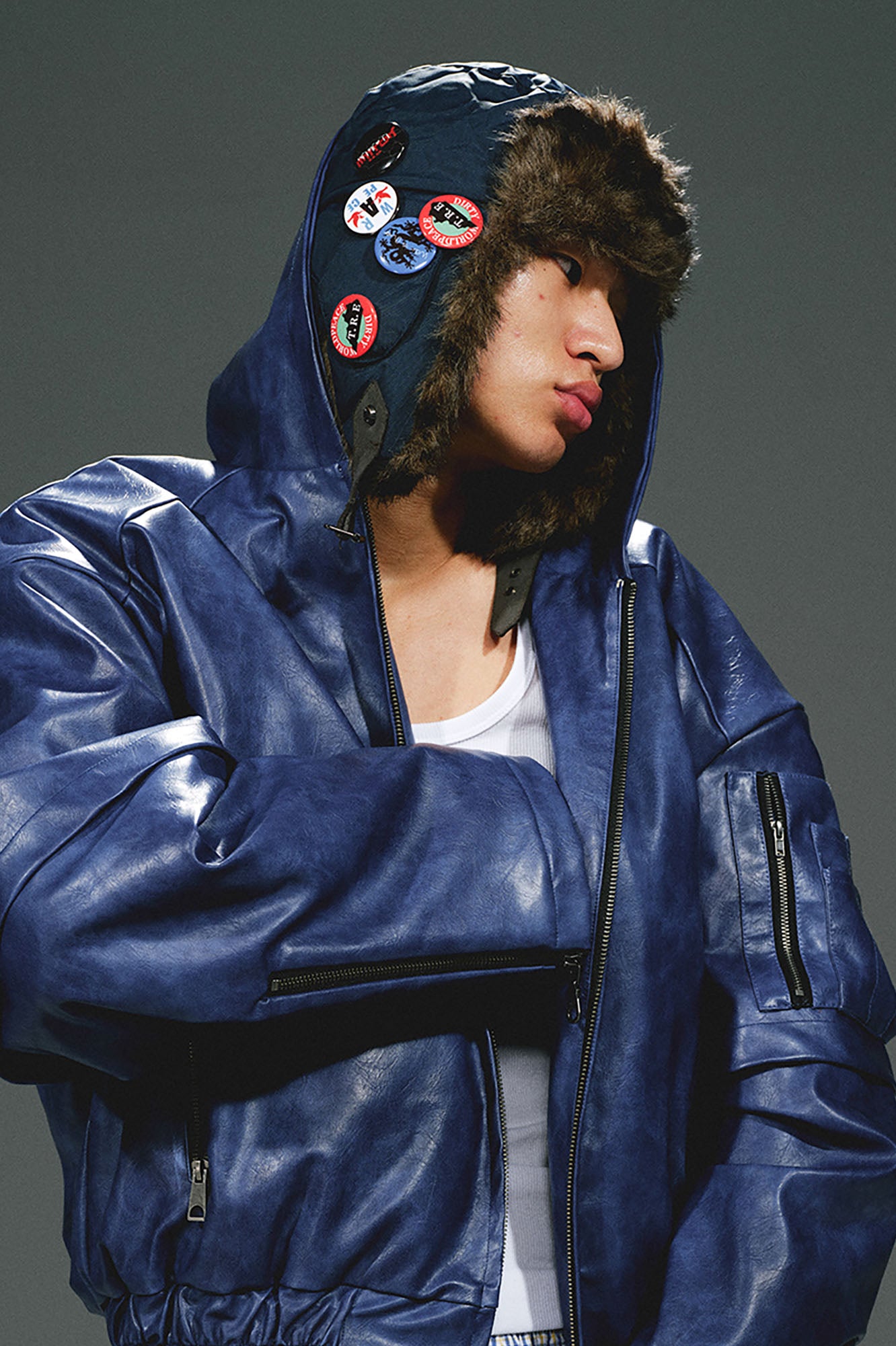 TRECLUB Faux-Fur Badge Aviator Hat