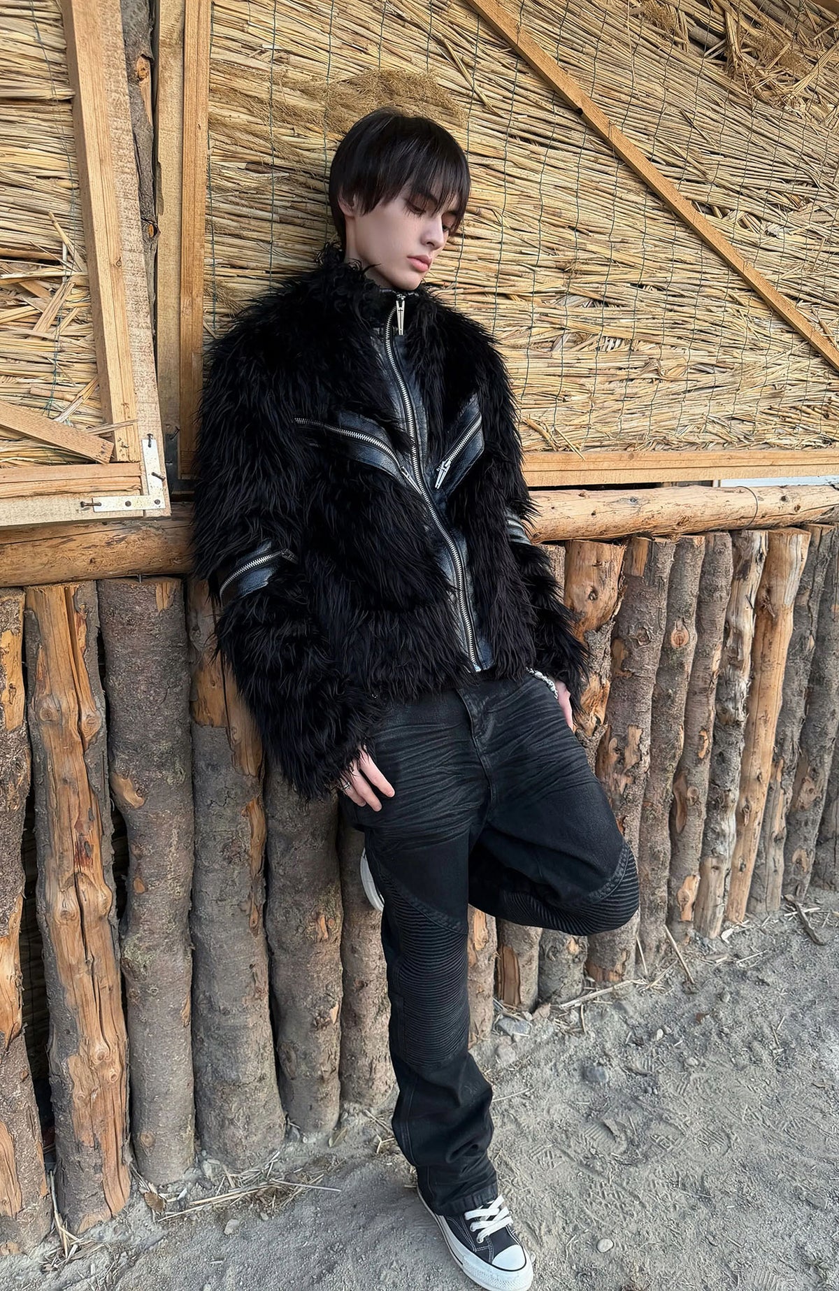 REBEL WAVE Faux Leather Zippered Faux Fur Jacket