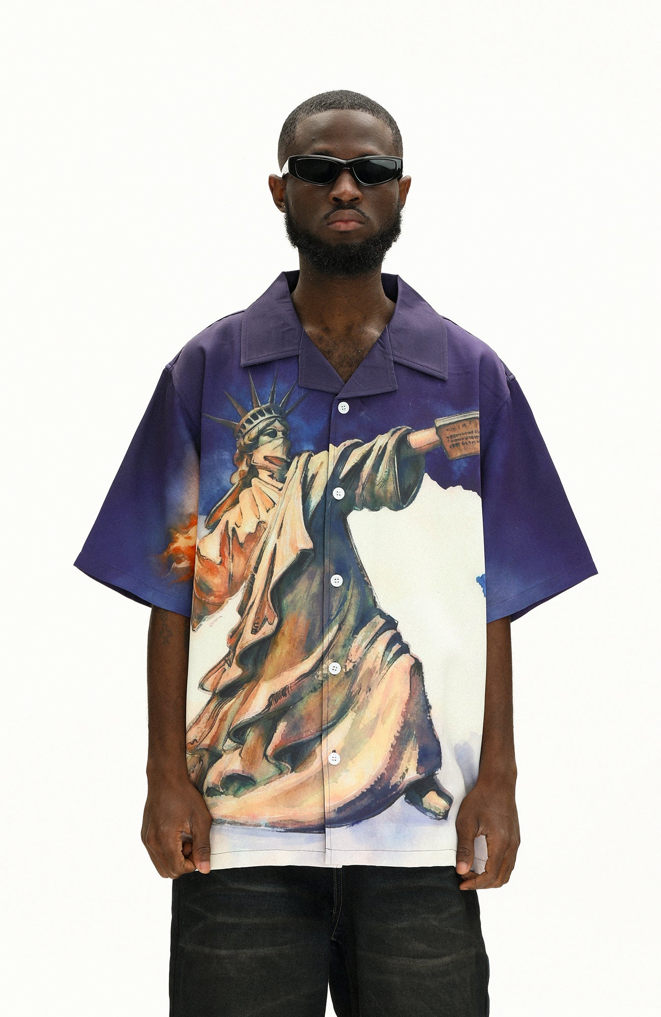 UNTILWERICH Liberty Graphic Cuban Collar Half Shirt