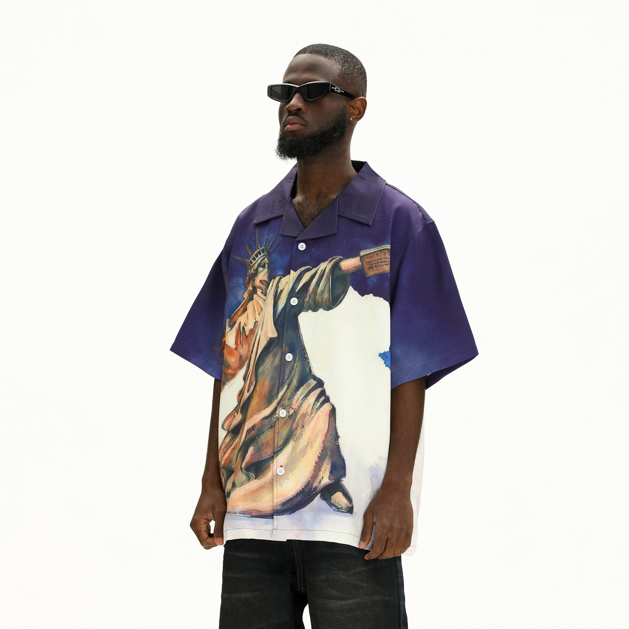 UNTILWERICH Liberty Graphic Cuban Collar Half Shirt