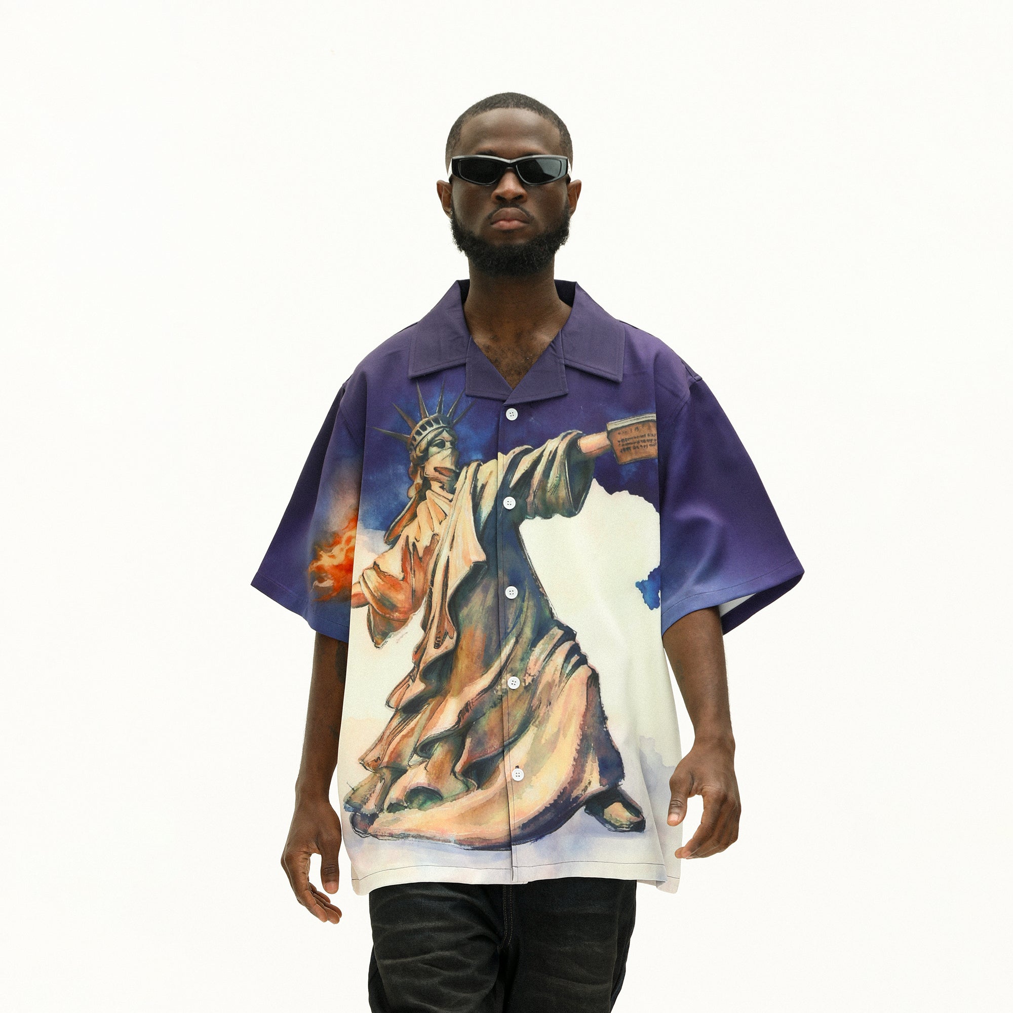 UNTILWERICH Liberty Graphic Cuban Collar Half Shirt