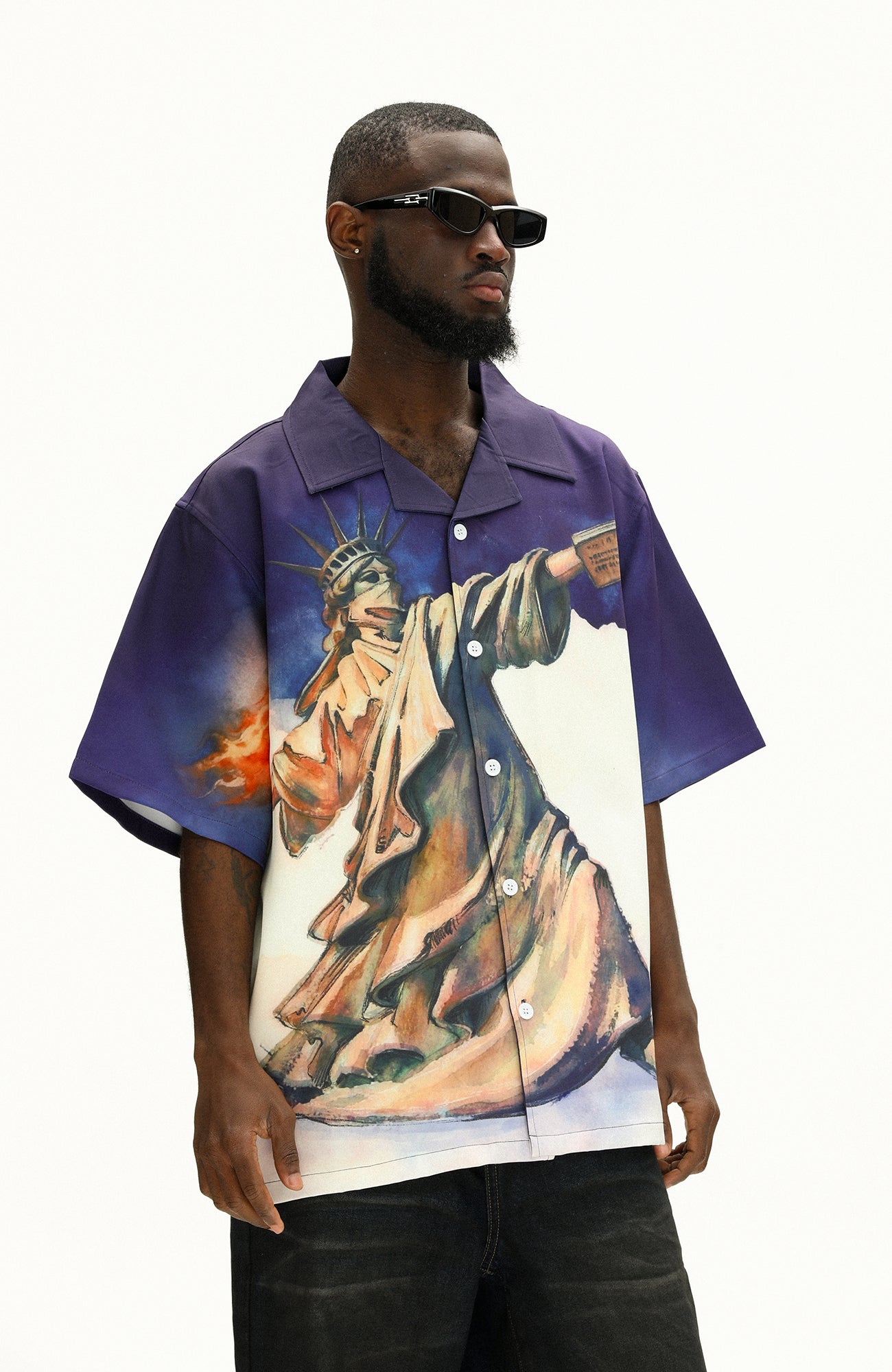 UNTILWERICH Liberty Graphic Cuban Collar Half Shirt
