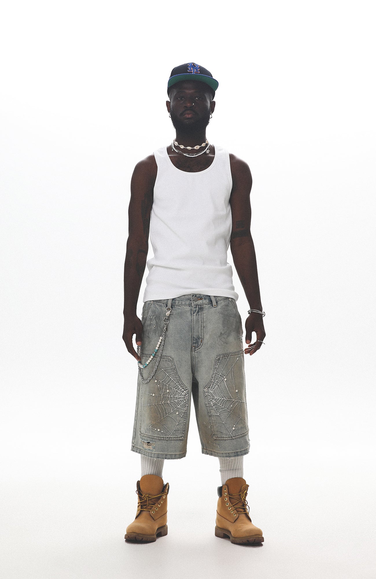 UNTILWERICH Spider Web Embroidered Pearl Denim Shorts