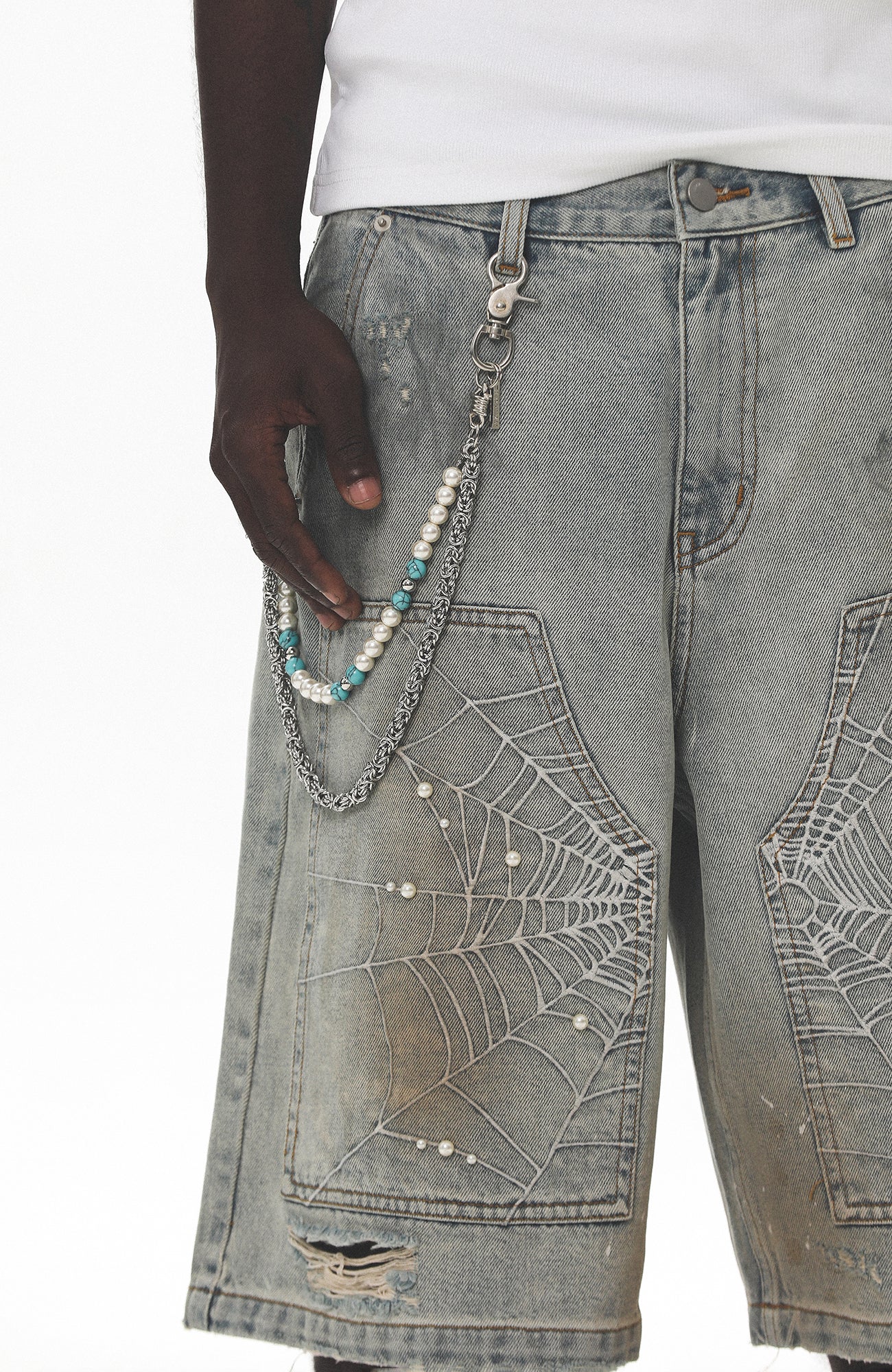 UNTILWERICH Spider Web Embroidered Pearl Denim Shorts