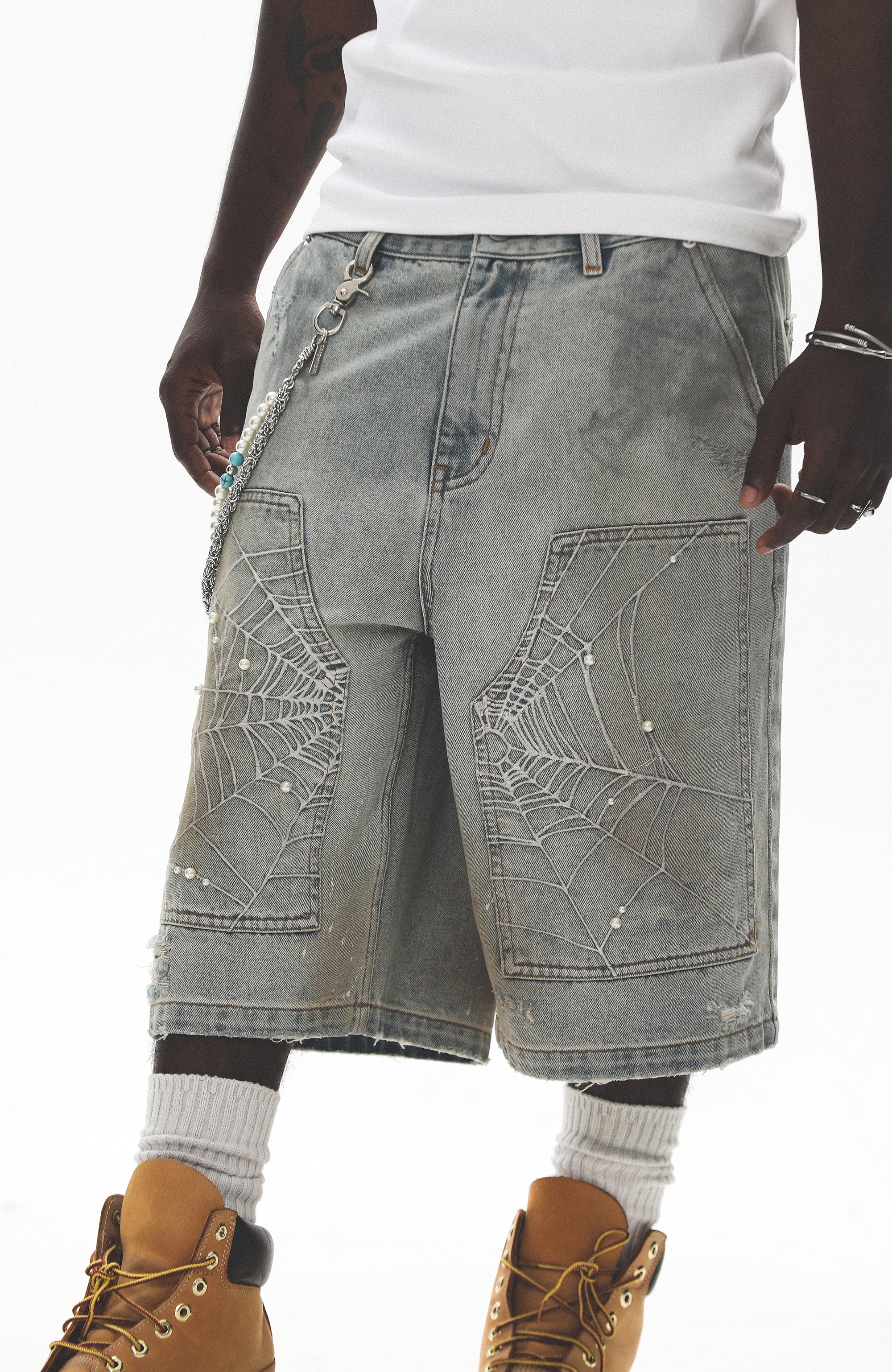 UNTILWERICH Spider Web Embroidered Pearl Denim Shorts