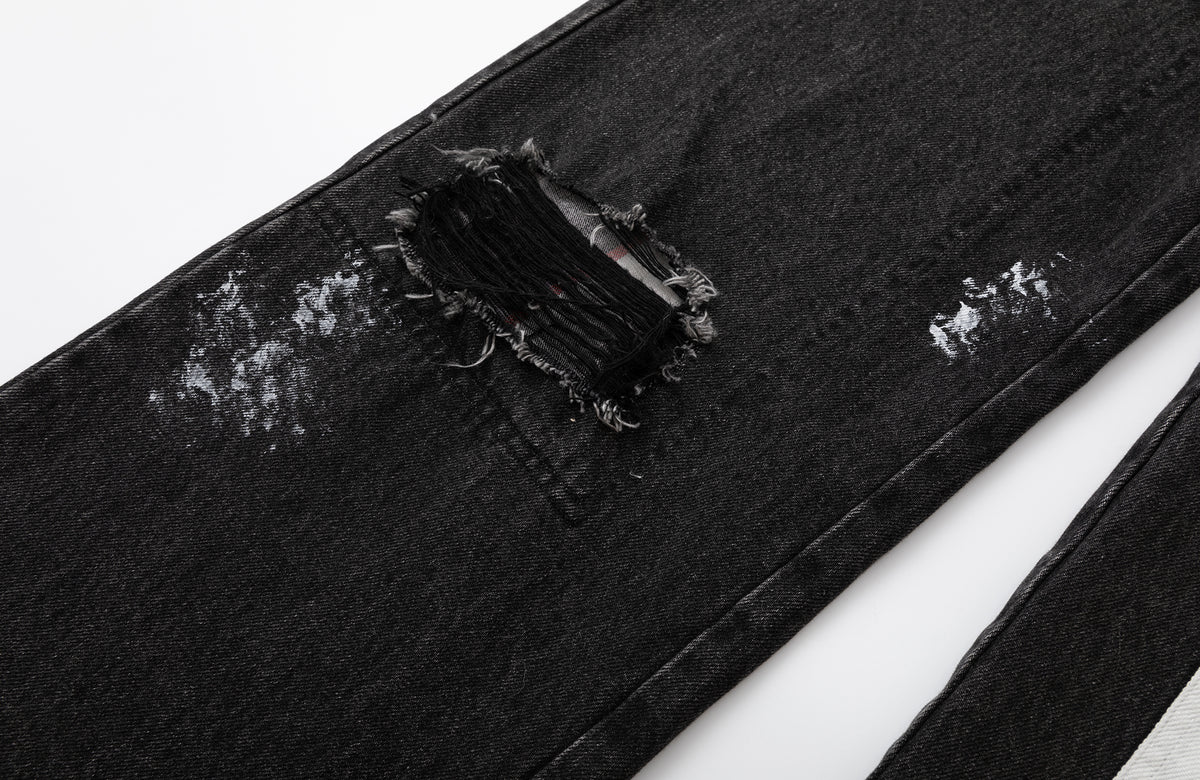 2000RSK Paint-Splattered Washed Distressed Spliced Straight-Leg Jeans