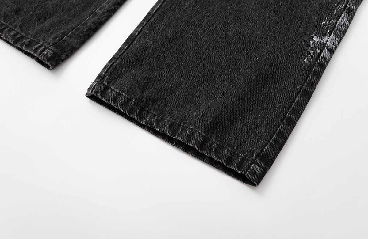 2000RSK Paint-Splattered Washed Distressed Spliced Straight-Leg Jeans