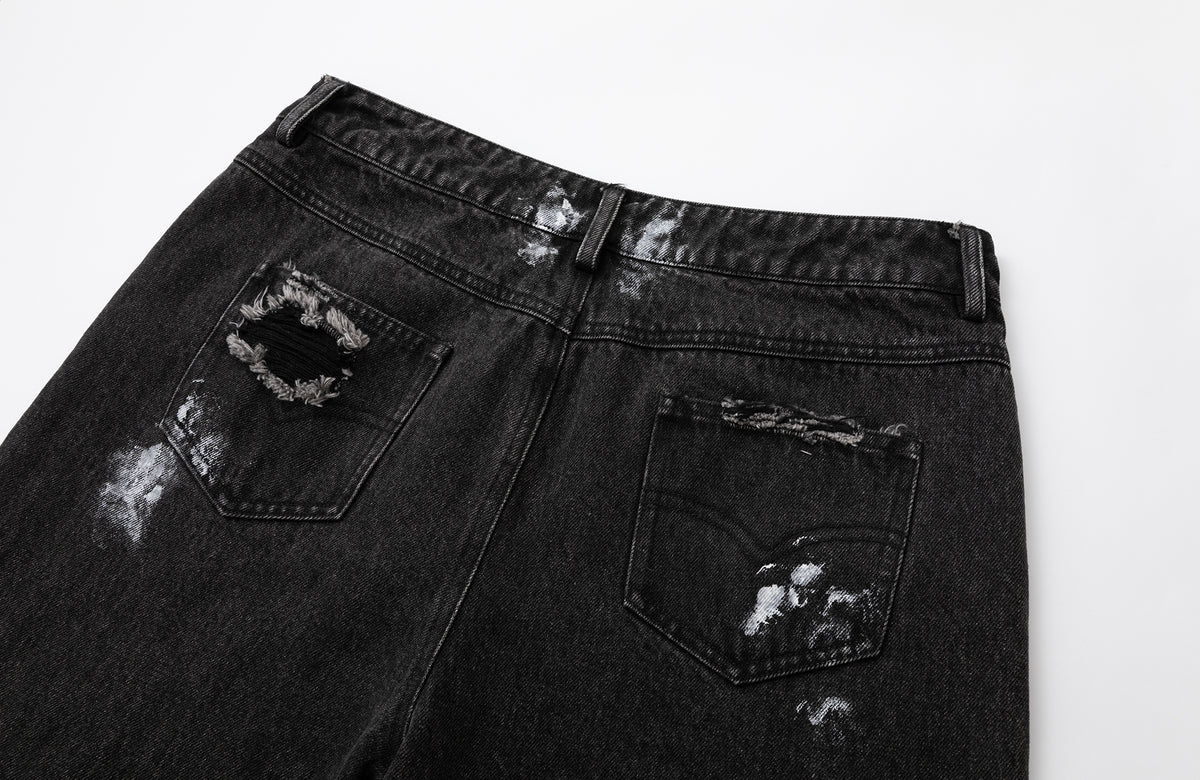 2000RSK Paint-Splattered Washed Distressed Spliced Straight-Leg Jeans