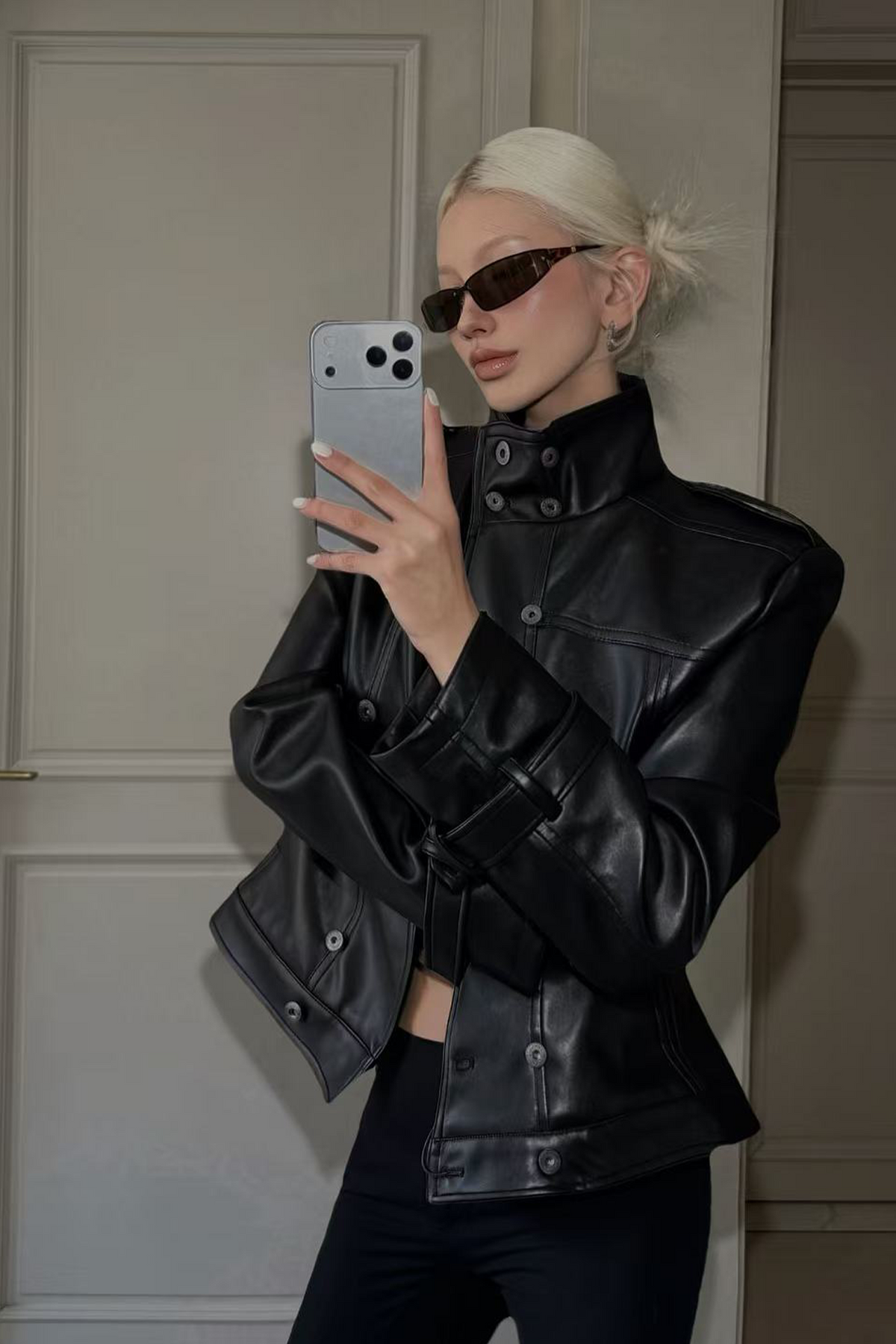 REMODUTION Double-Breasted Cinched Waist Faux Leather Jacket