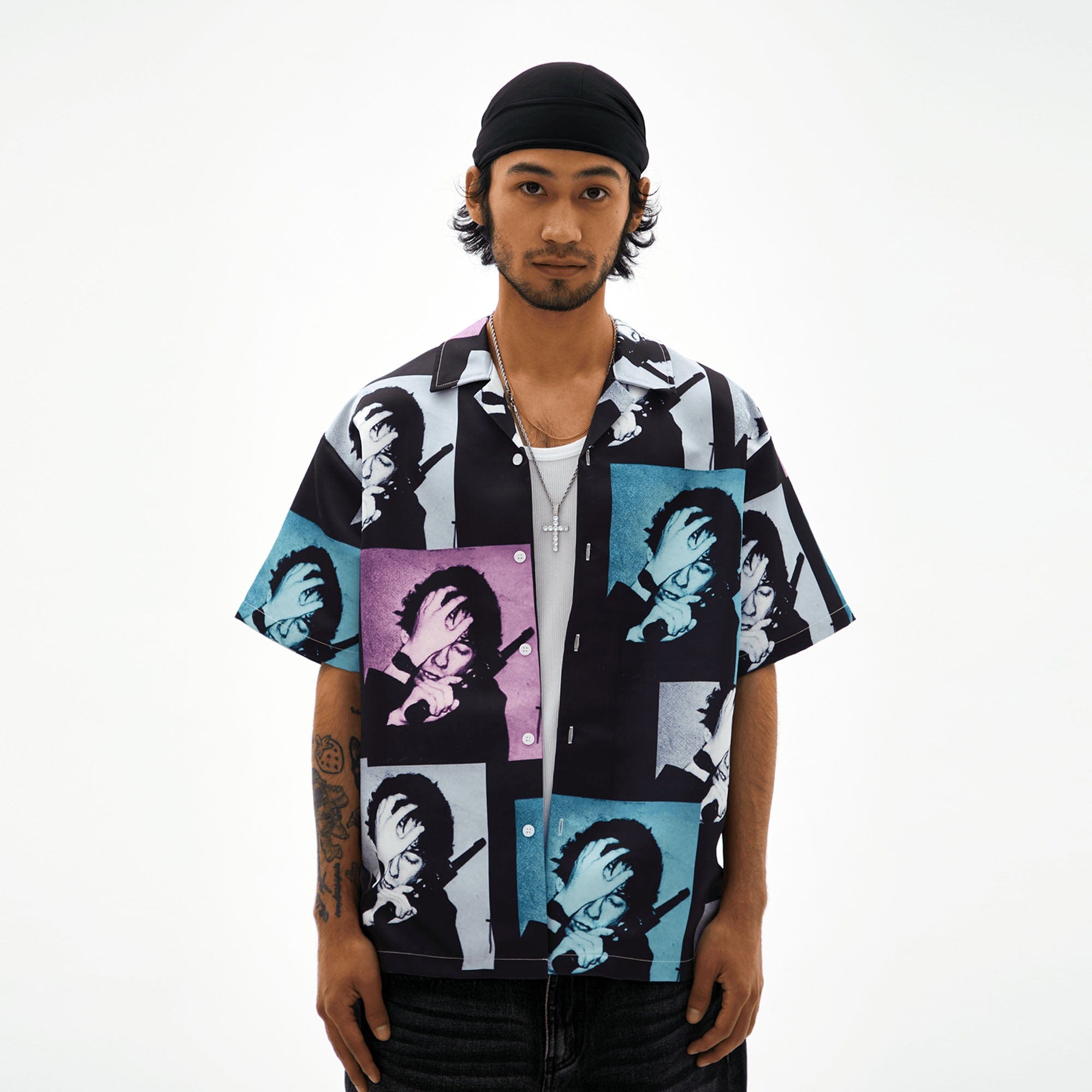 TECNINEGROUP Pop Art Portrait Graphic Cuban Half Shirt, premium urban and streetwear designers apparel on PROJECTISR.com, TECNINEGROUP