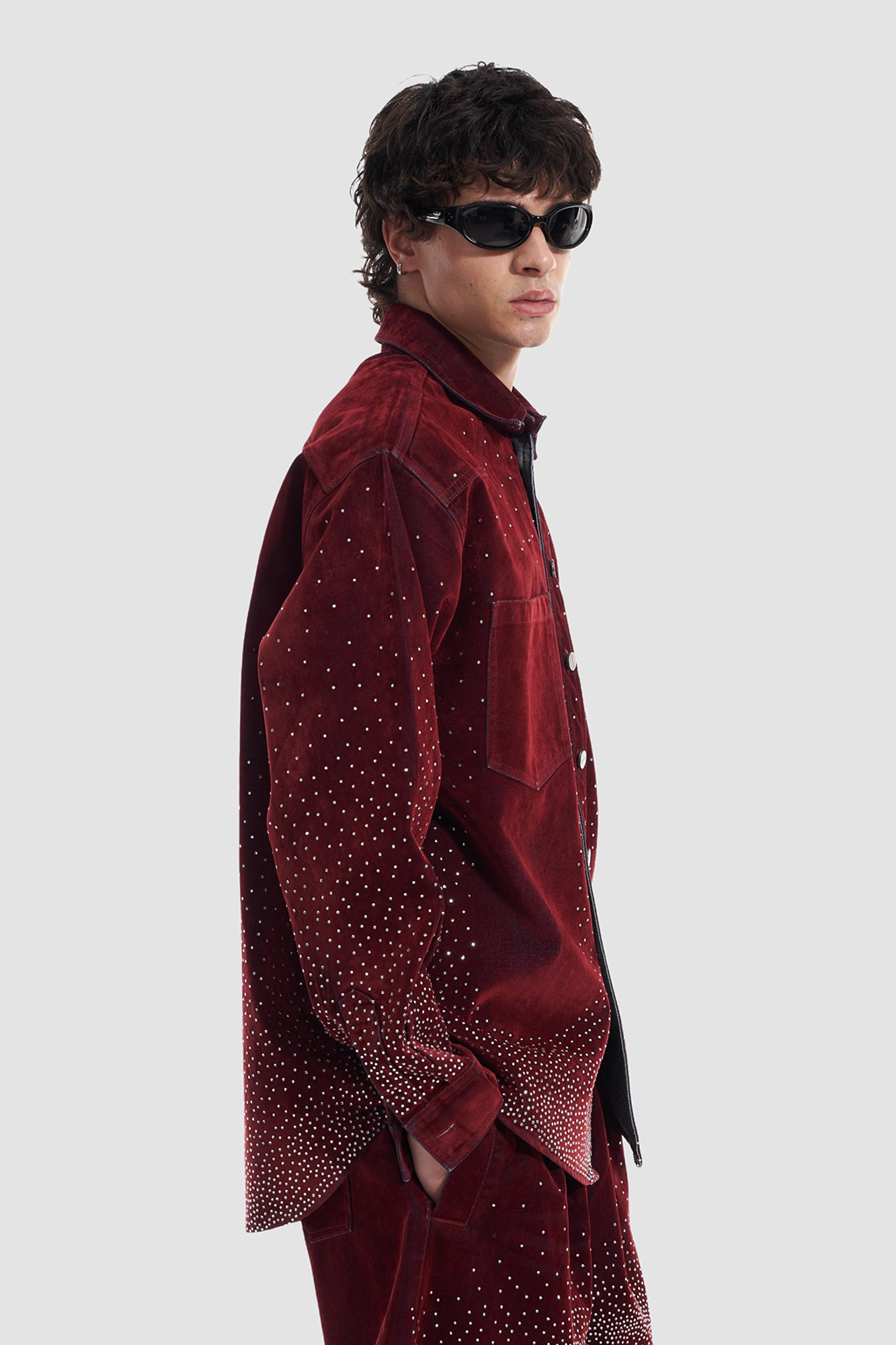 VANN VALRENCE Diamond-Studded Velvet Shirt Jacket