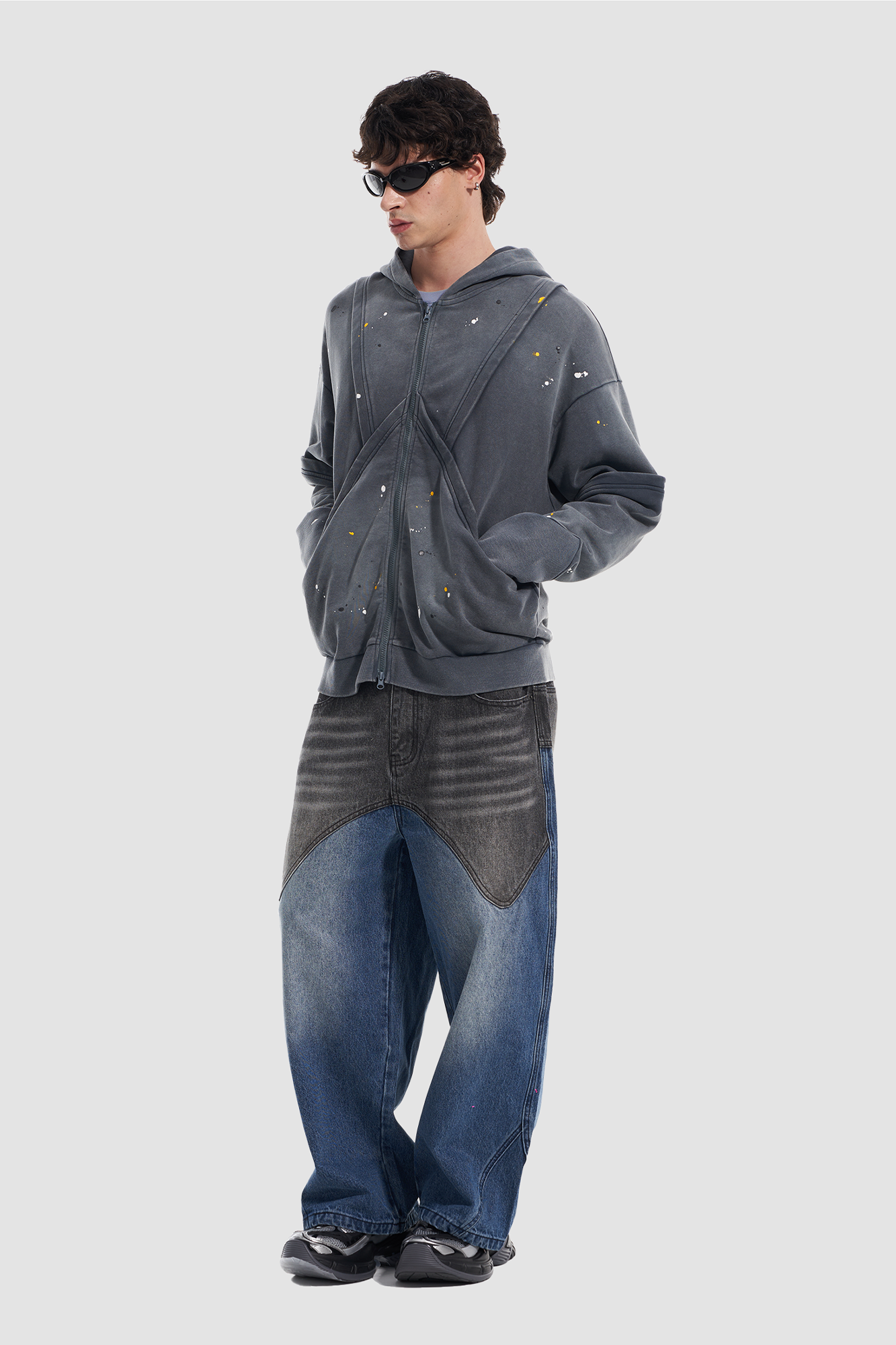 VANN VALRENCE Washed Paint-Splattered Paneled Zip Hoodie