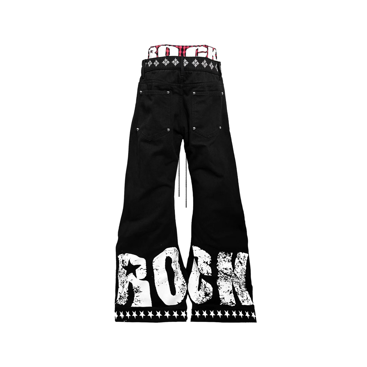 DETW Curved Plaid Spliced Double-Waistband Jeans