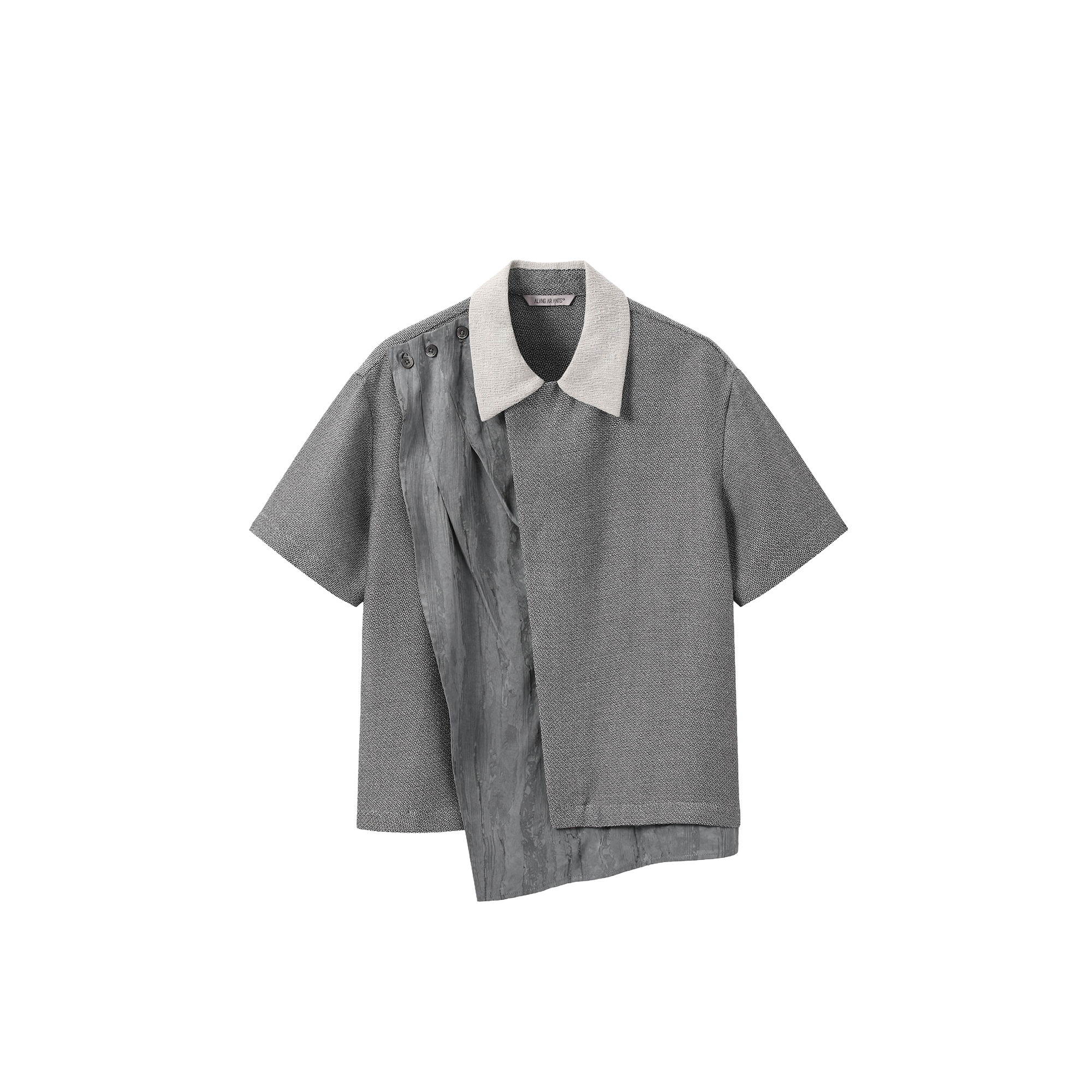 ALVNG AR ANTS Asymmetrical Contrast Spliced Linen Half Shirt, premium urban and streetwear designers apparel on PROJECTISR.com, ALVNG AR ANTS