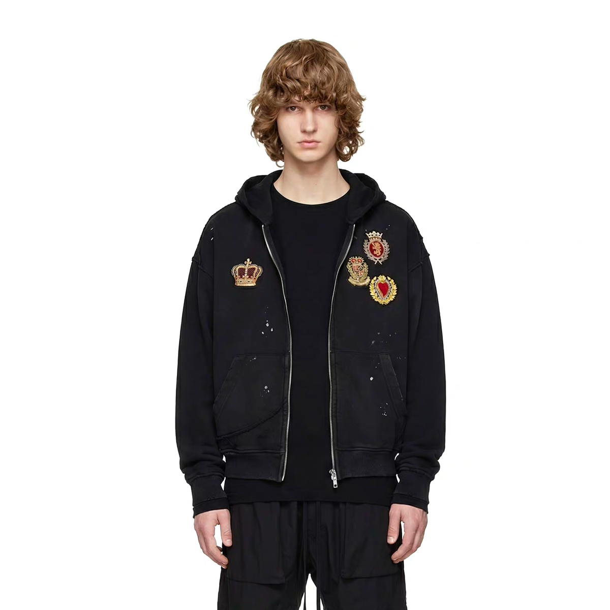 ZWDH Paint-Splattered Embroidered Badge Washed Hooded Jacket