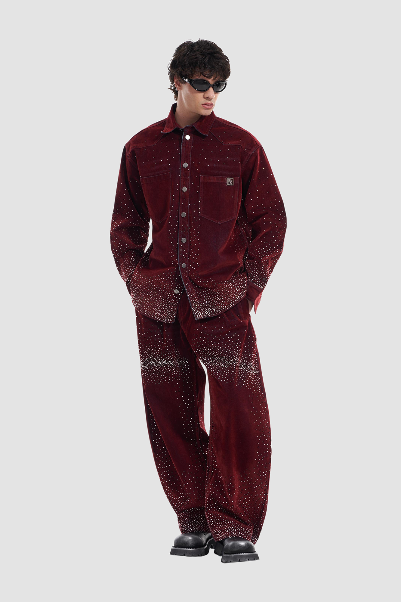 VANN VALRENCE Diamond-Studded Velvet Barrel Leg Trousers