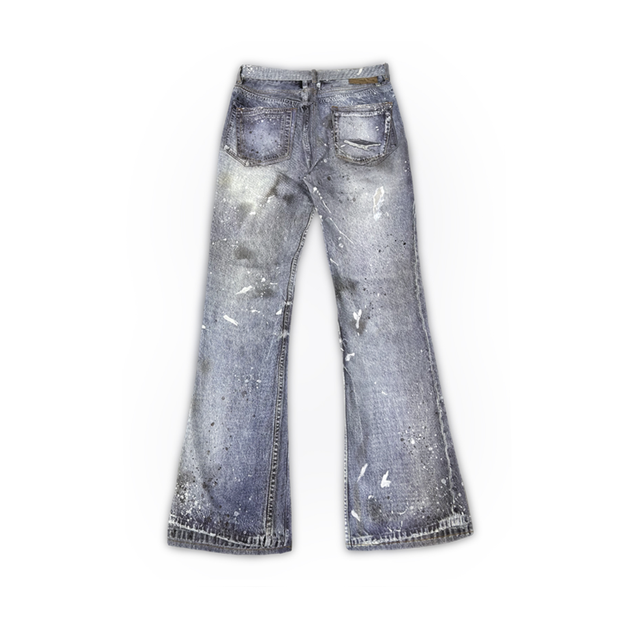 WANNA LAB Distressed Washed Paint-Splattered Flared Jeans