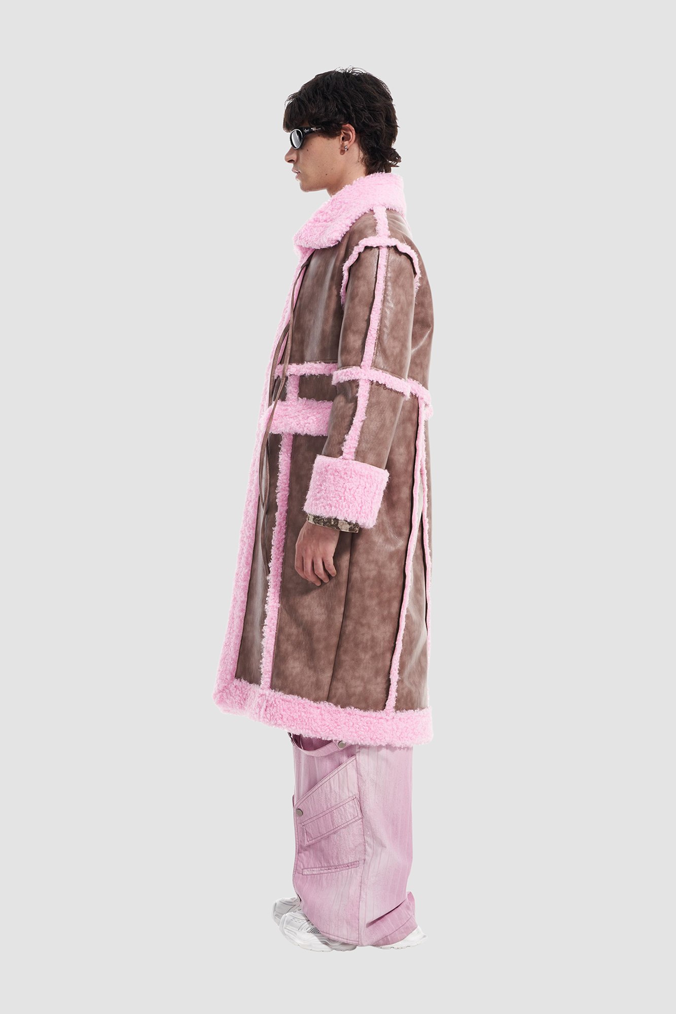 VANN VALRENCE Shearling-Trim Panel PU Long Coat