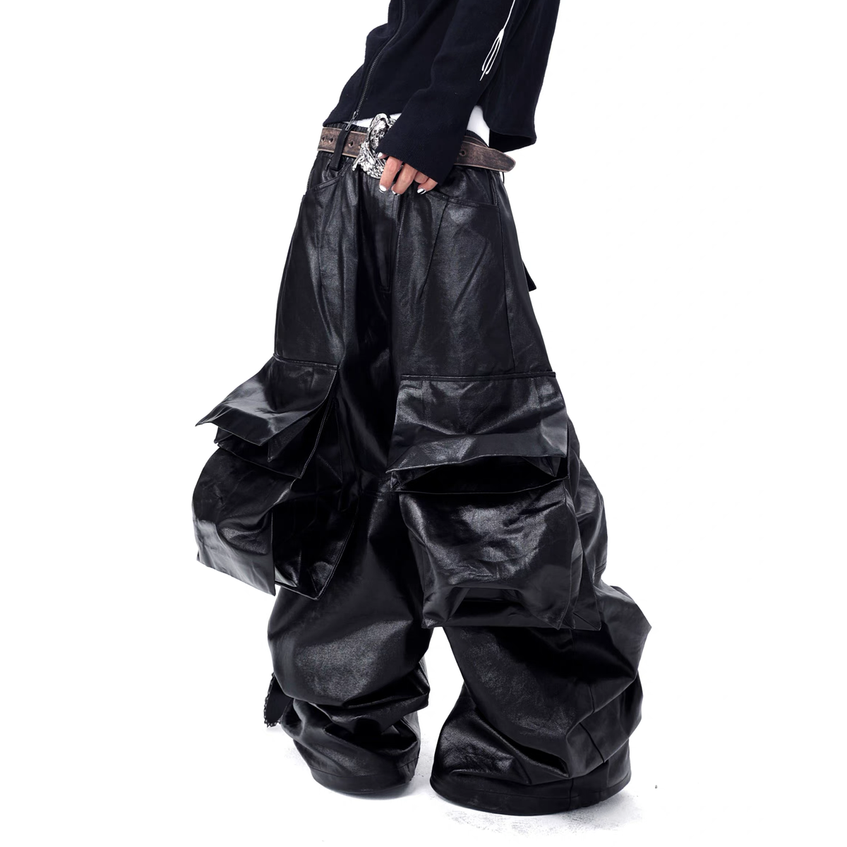 VANGUARDIA Coated Denim Multi-Pocket Wide-Leg Cargo Pants
