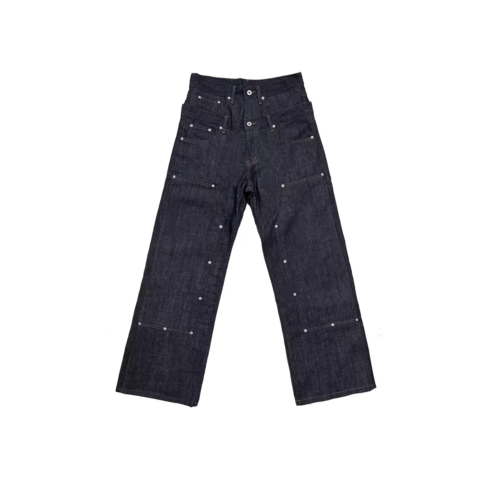 WANNA LAB Studded Double-Waistband Raw Denim Jeans