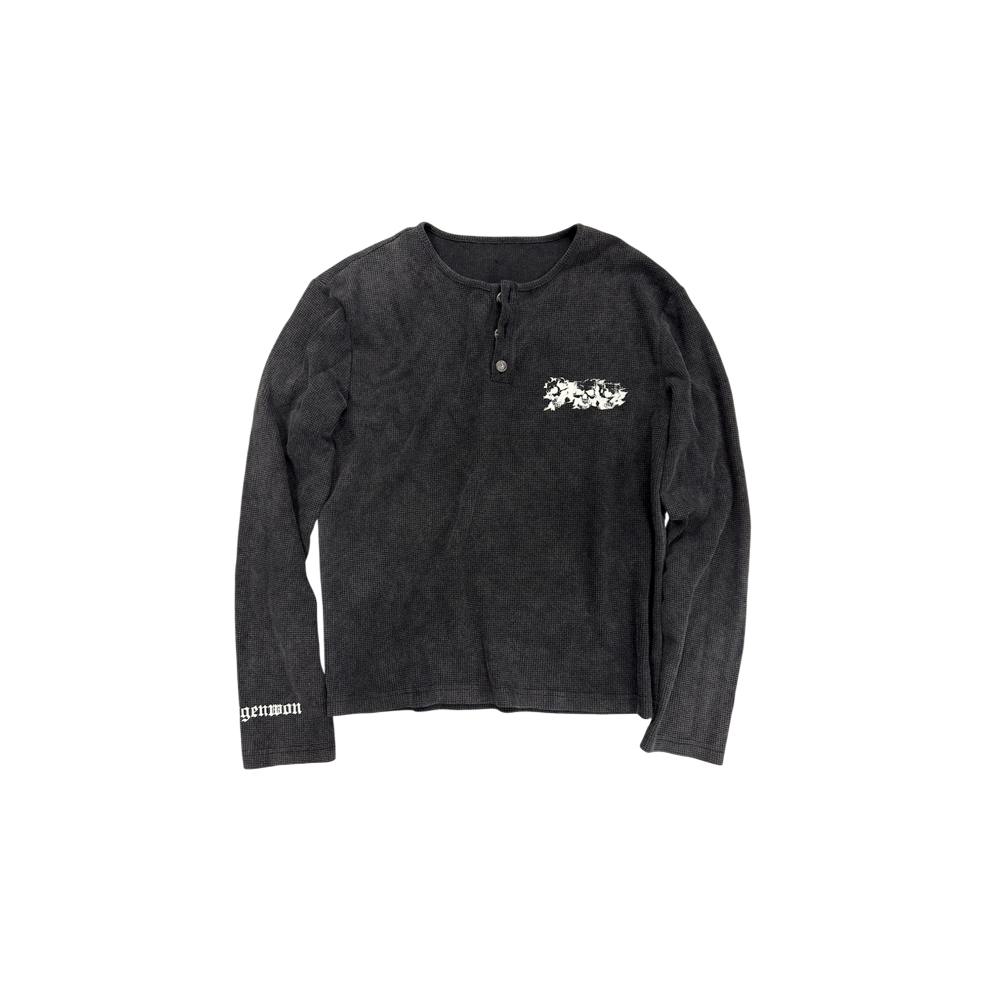 SAXGENWON Washed Skull Graphic Waffle-Knit Henley Long-Sleeve Tee