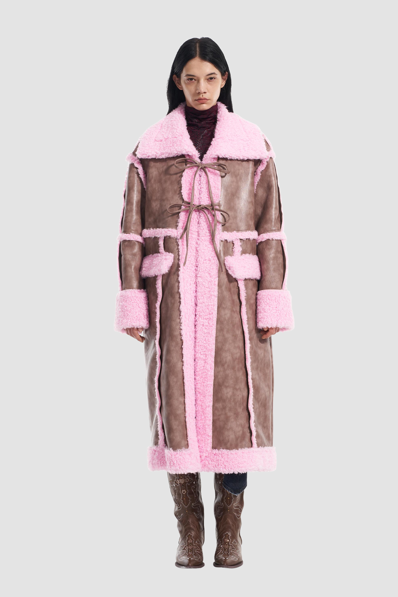 VANN VALRENCE Shearling-Trim Panel PU Long Coat