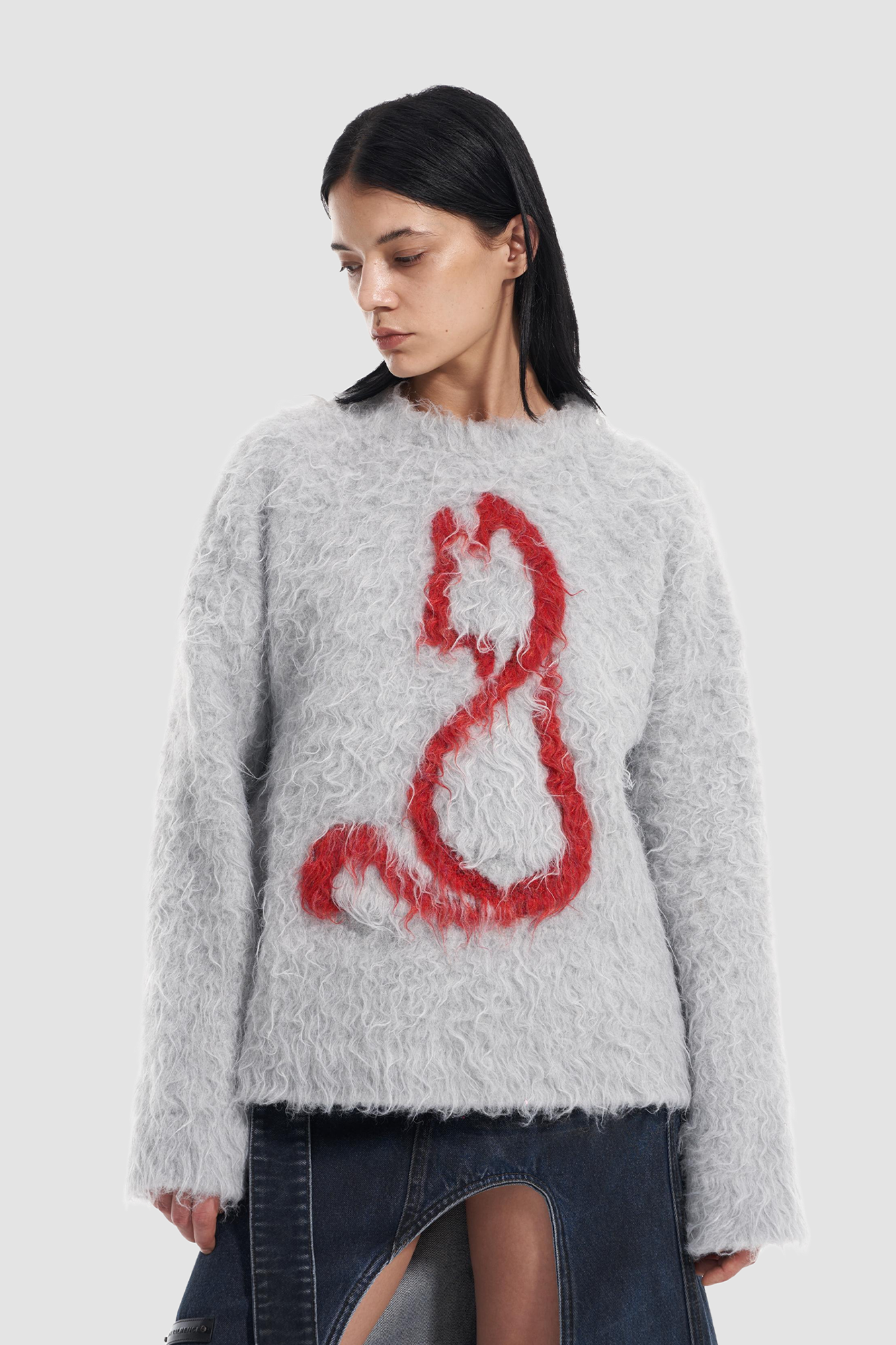 VANN VALRENCE Fuzzy Cat Intarsia Mohair Sweater
