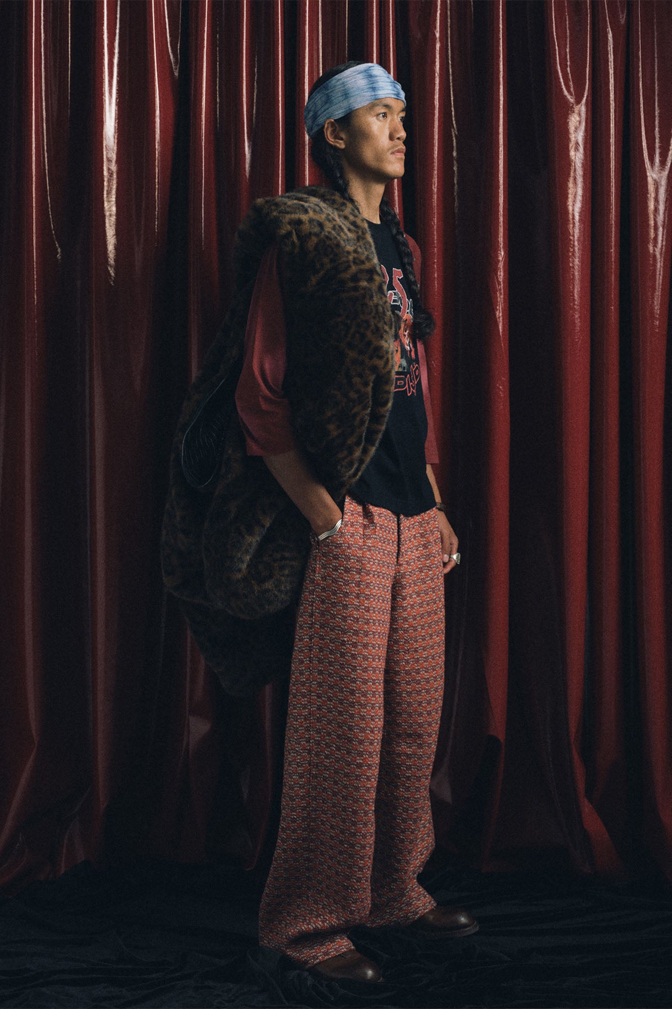 TRECLUB Tweed PU Pocket Straight-Leg Pants