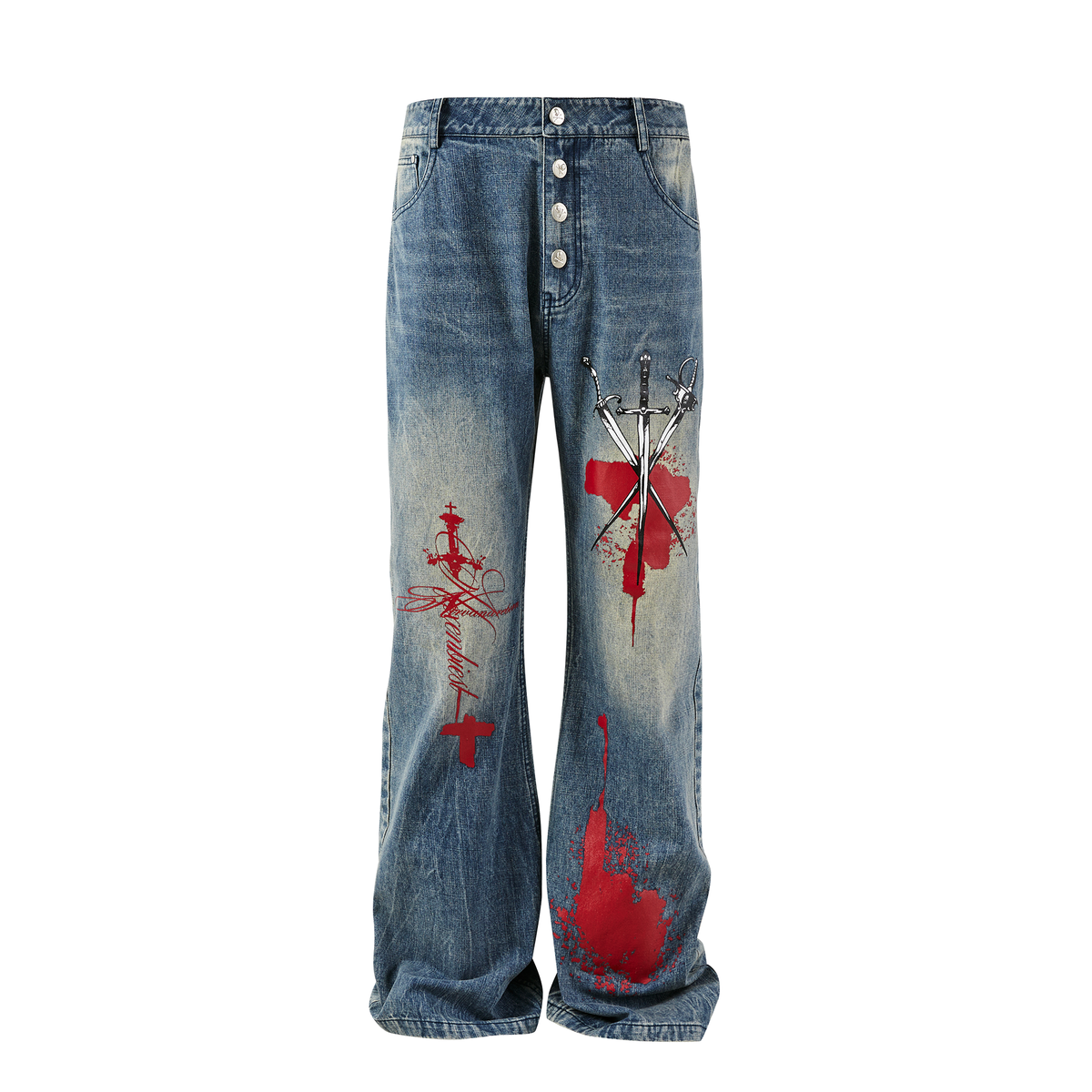 PASET Retro Washed Graphic Flared Jeans