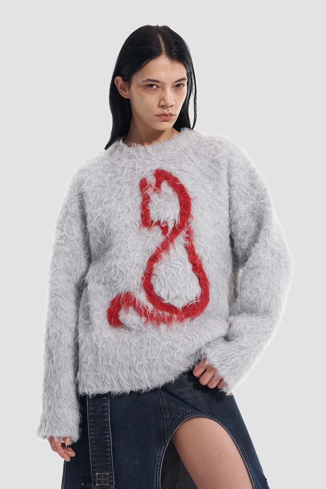 VANN VALRENCE Fuzzy Cat Intarsia Mohair Sweater