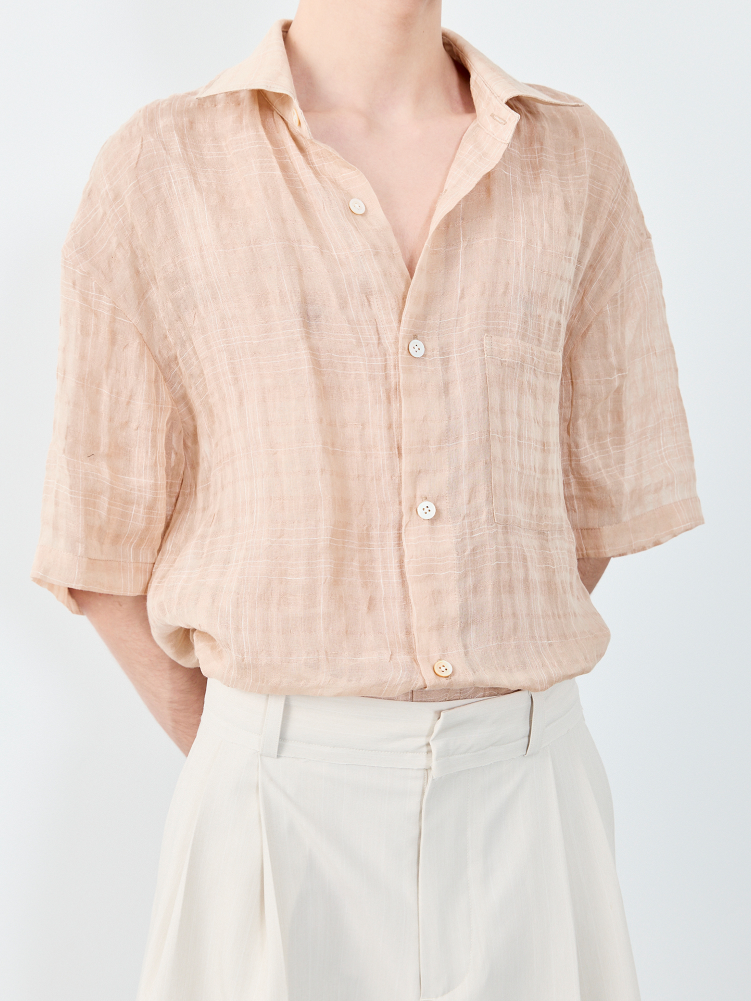 GRAINMUSTARD Linen-Cotton Plaid Half Shirt, premium urban and streetwear designers apparel on PROJECTISR.com, GRAINMUSTARD