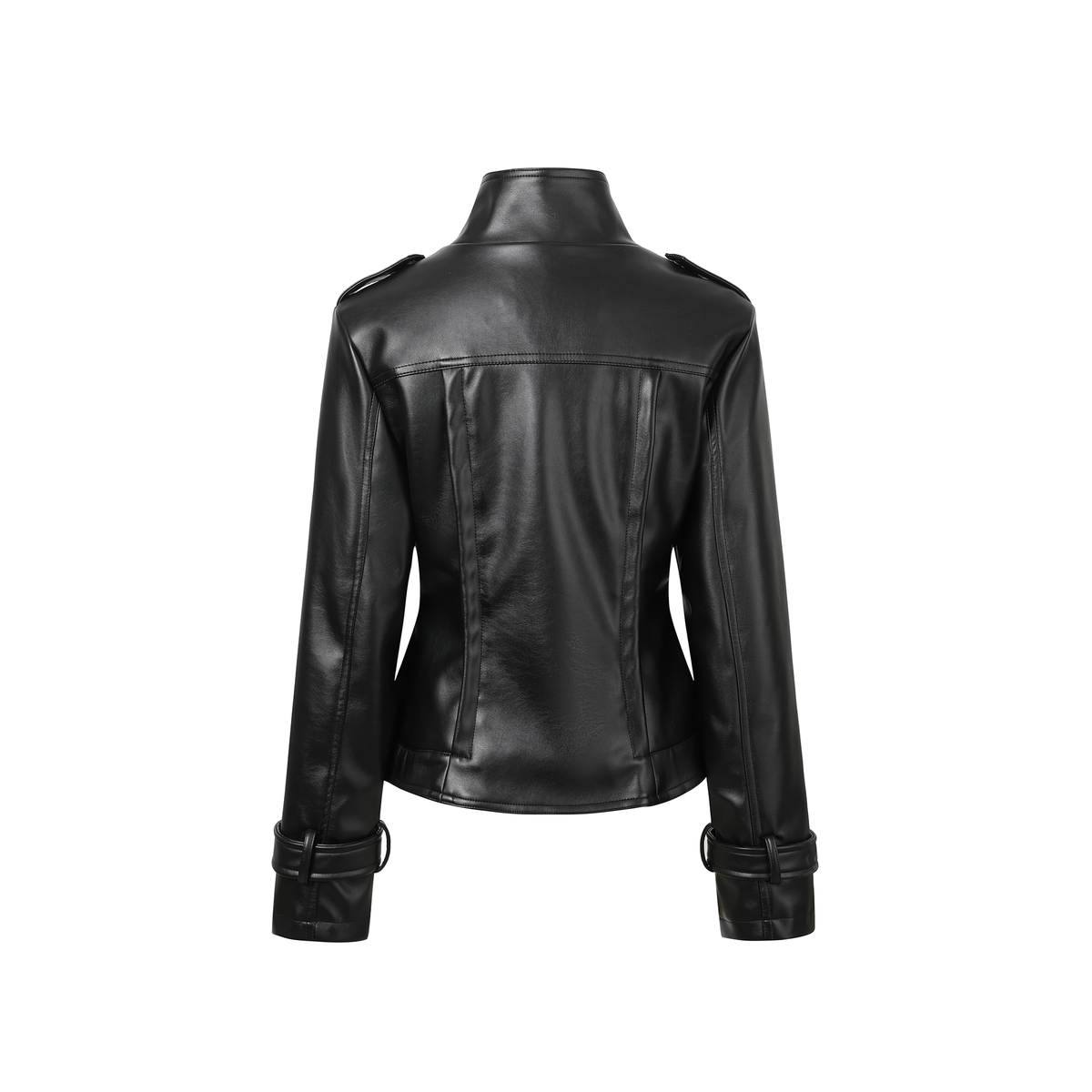REMODUTION Double-Breasted Cinched Waist Faux Leather Jacket