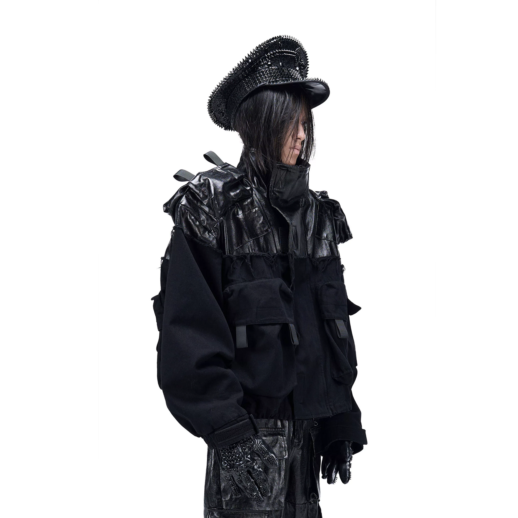 VANGUARDIA Spliced Coated Multi-Pocket Denim Jacket
