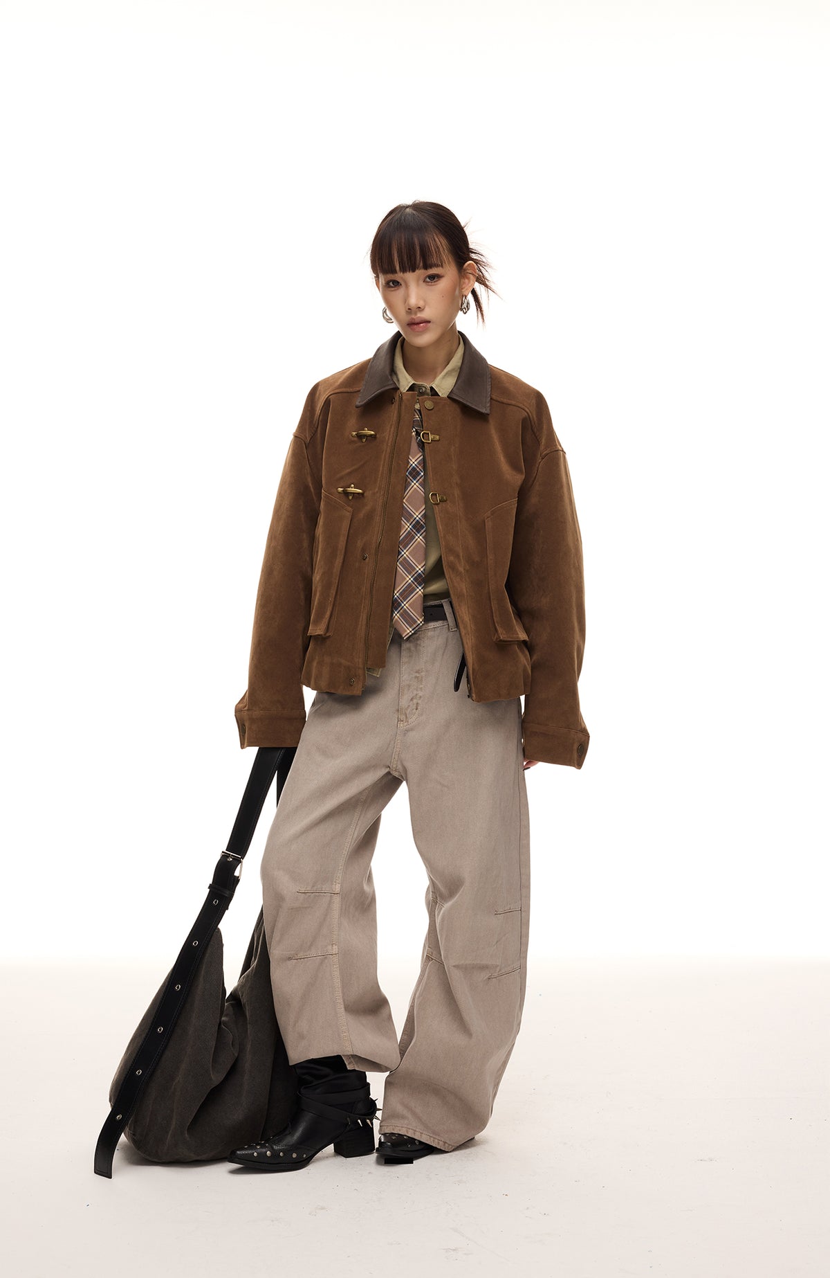 BOTANICA Retro Spliced Faux Leather Aviator Jacket
