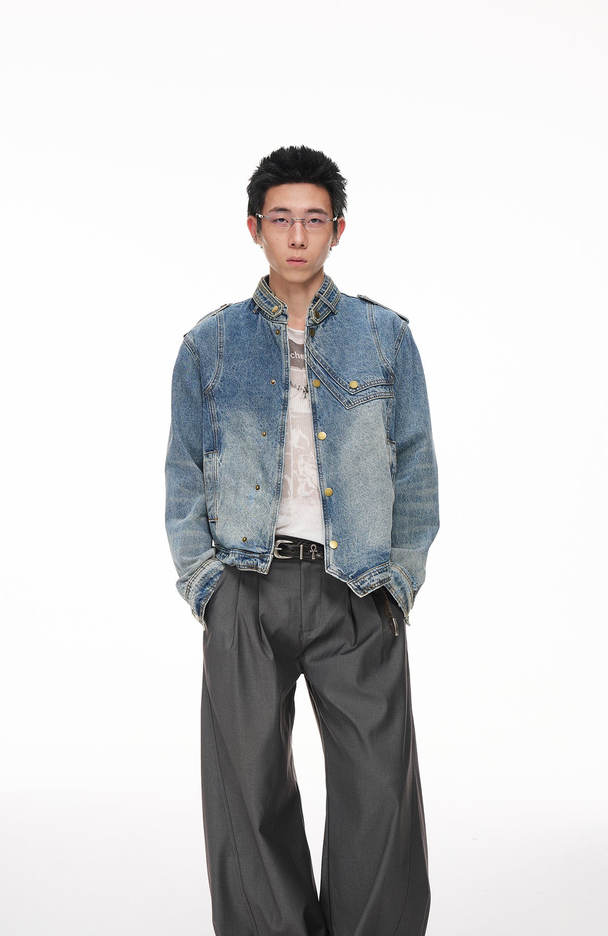 BOTANIC Washed Distressed Denim Biker Jacket