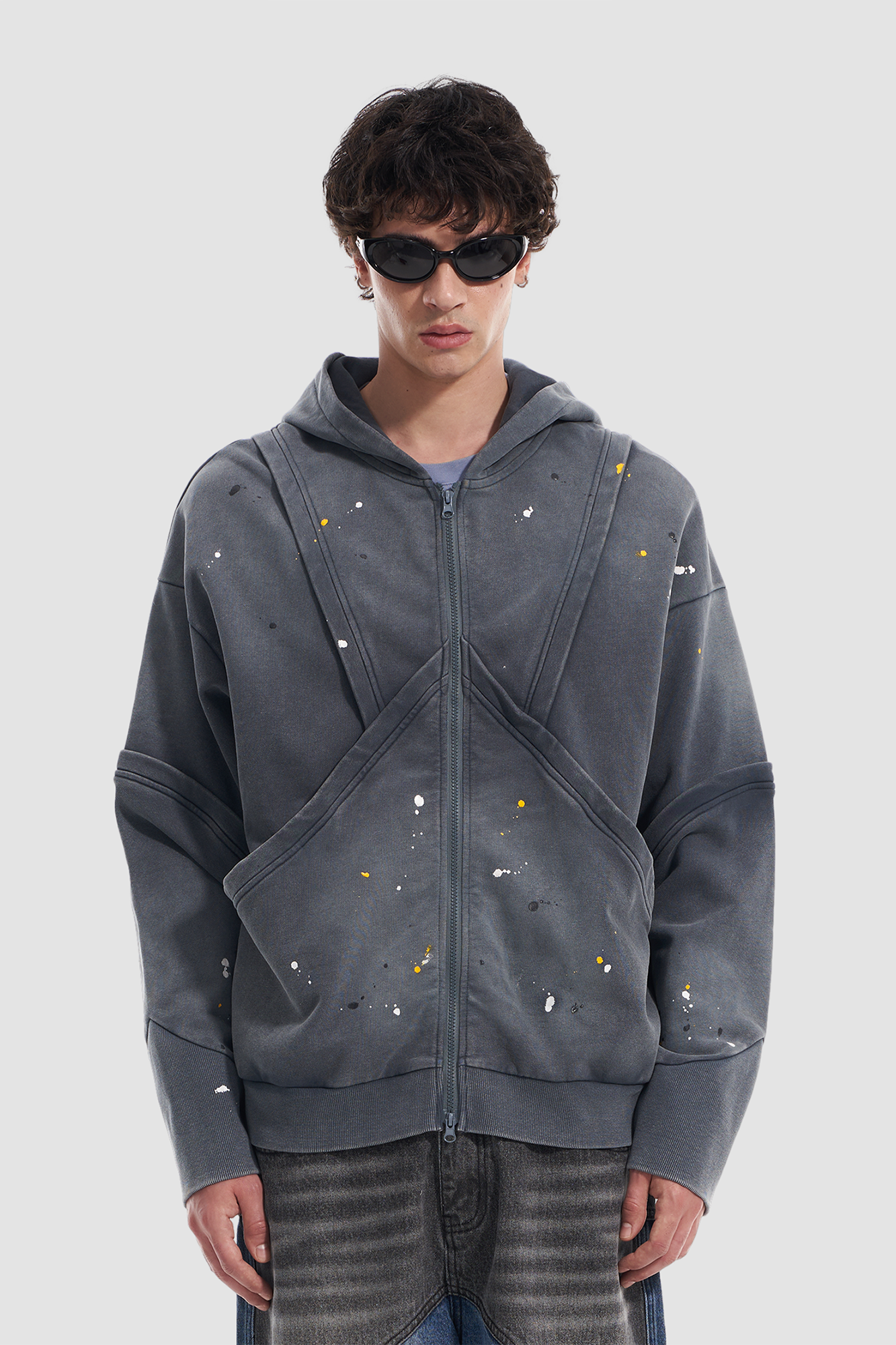 VANN VALRENCE Washed Paint-Splattered Paneled Zip Hoodie