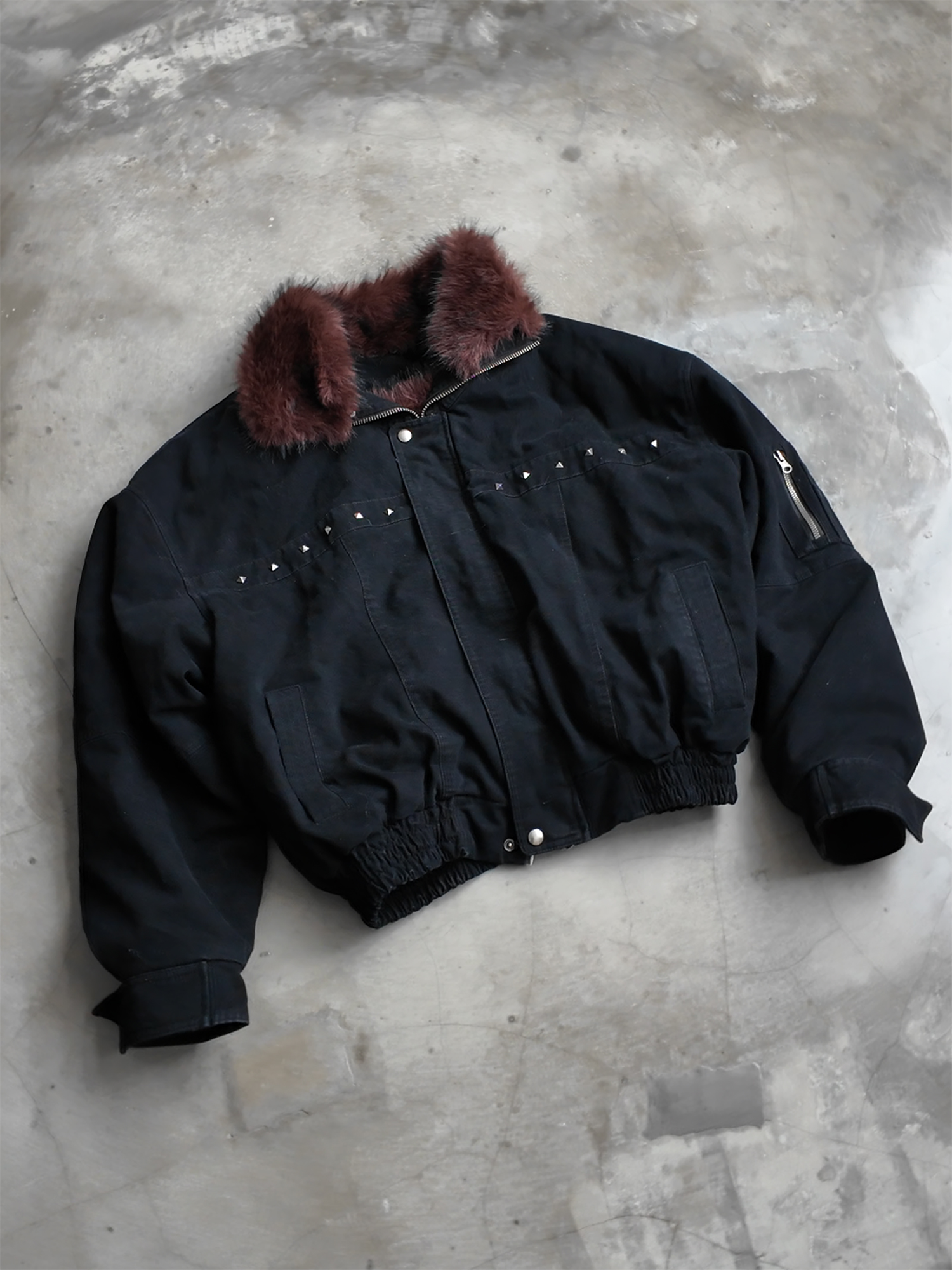 TRECLUB Studded Faux-Fur Collar Bomber Jacket