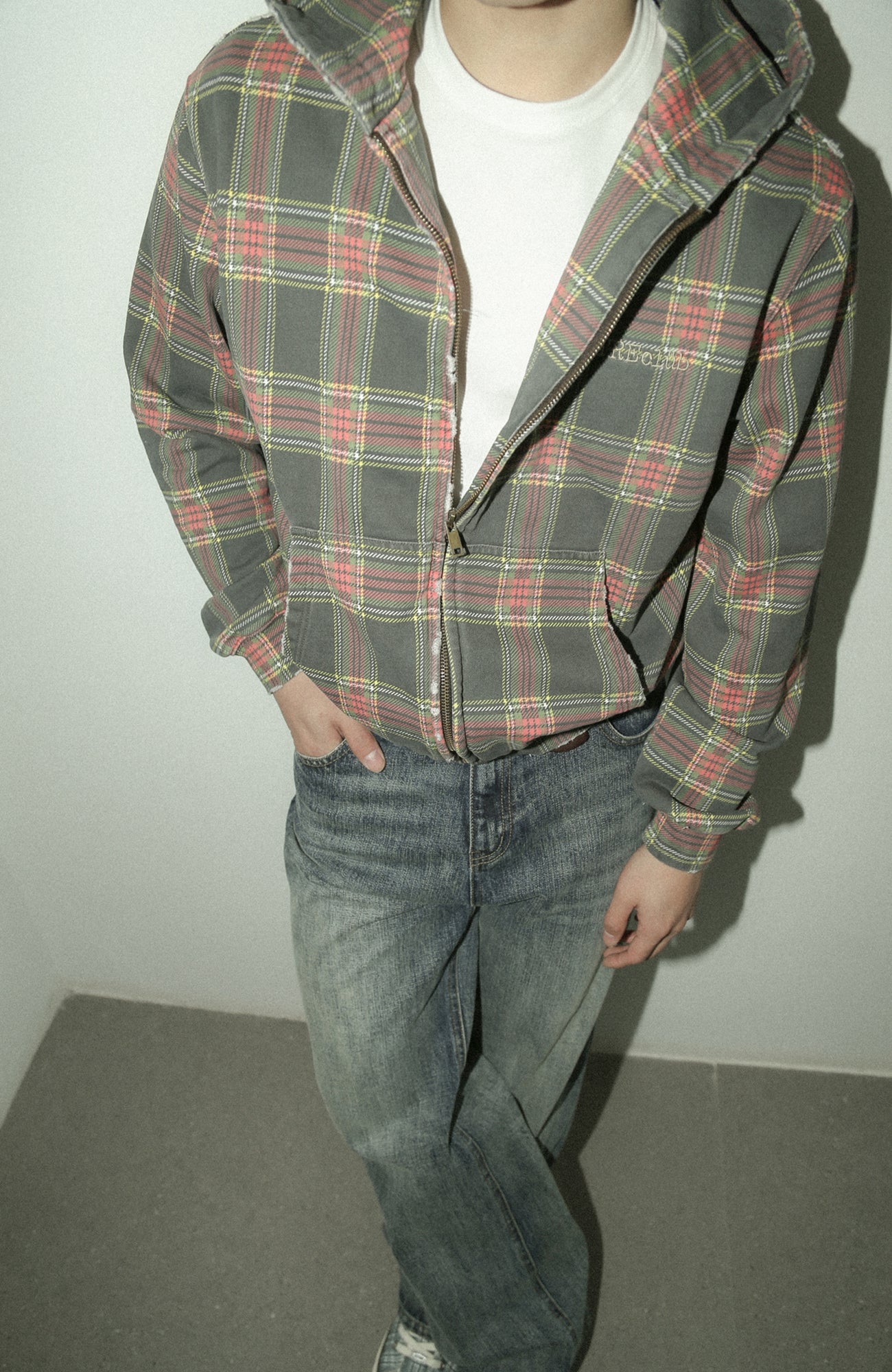 TRECLUB Distressed Plaid Zip-Up Hoodie, premium urban and streetwear designers apparel on PROJECTISR.com, TRECLUB