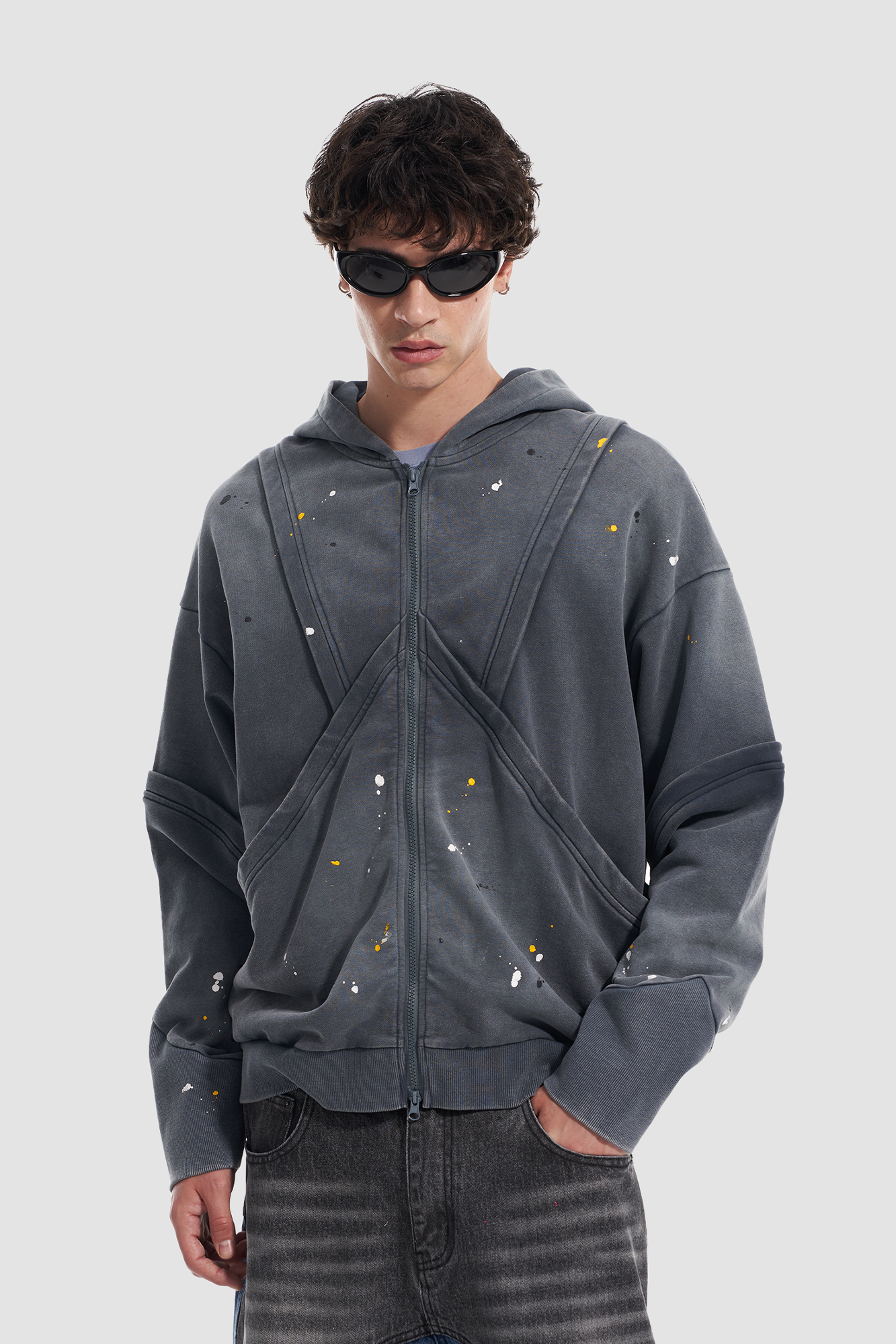 VANN VALRENCE Washed Paint-Splattered Paneled Zip Hoodie