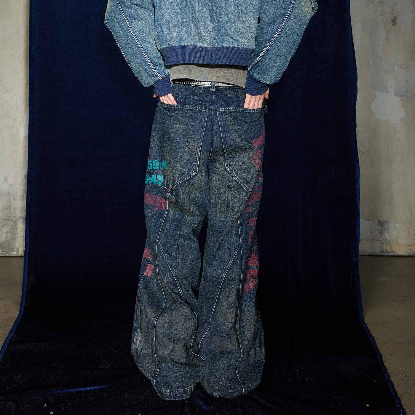 DND4DES Spliced Graffiti Wide-Leg Jeans, premium urban and streetwear designers apparel on PROJECTISR.com, DND4DES