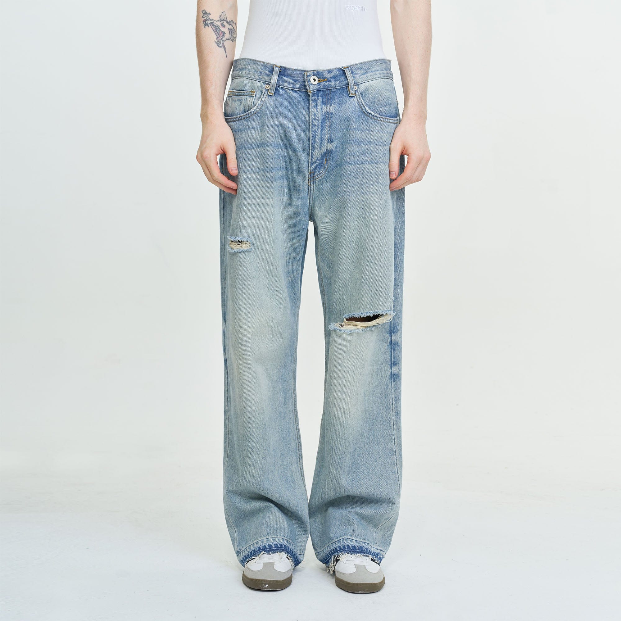 LEONSENSE Washed Ripped Frayed Straight-Leg Jeans, premium urban and streetwear designers apparel on PROJECTISR.com, LEONSENSE