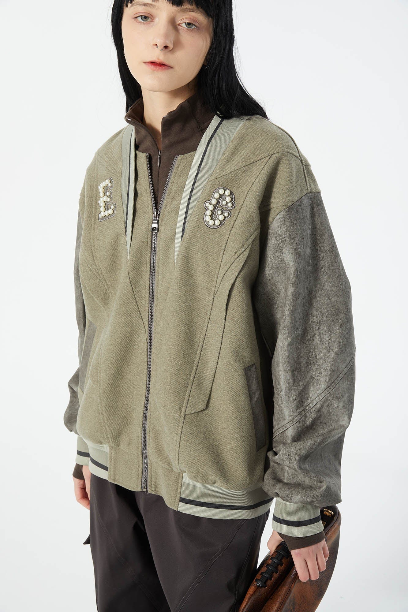ERROR CODE ROBOT Pearl Embellished Paneled Varsity Jacket, premium urban and streetwear designers apparel on PROJECTISR.com, ERROR CODE ROBOT