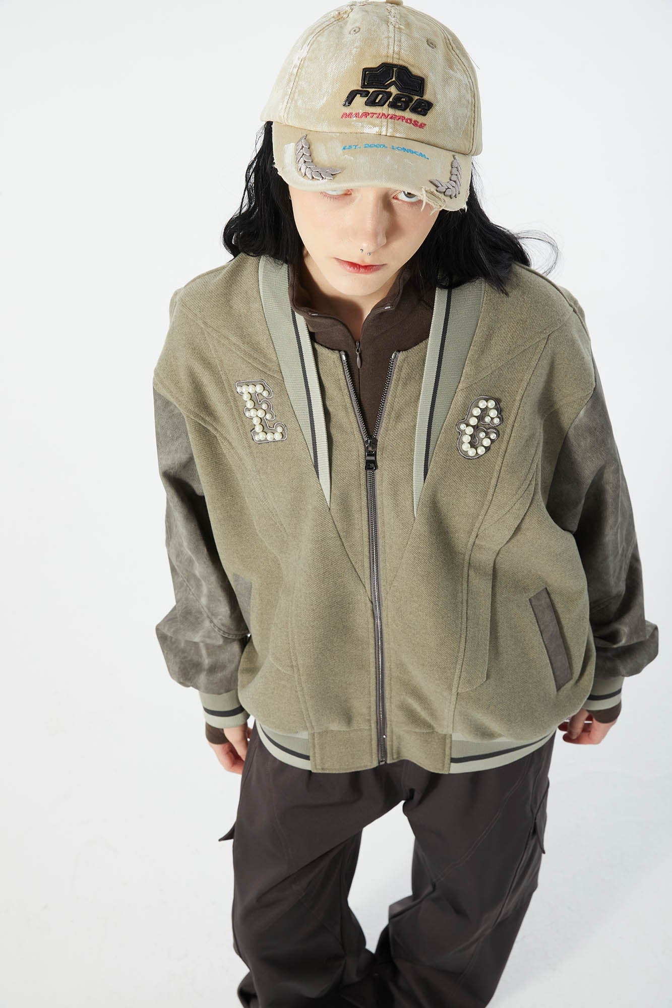 ERROR CODE ROBOT Pearl Embellished Paneled Varsity Jacket, premium urban and streetwear designers apparel on PROJECTISR.com, ERROR CODE ROBOT