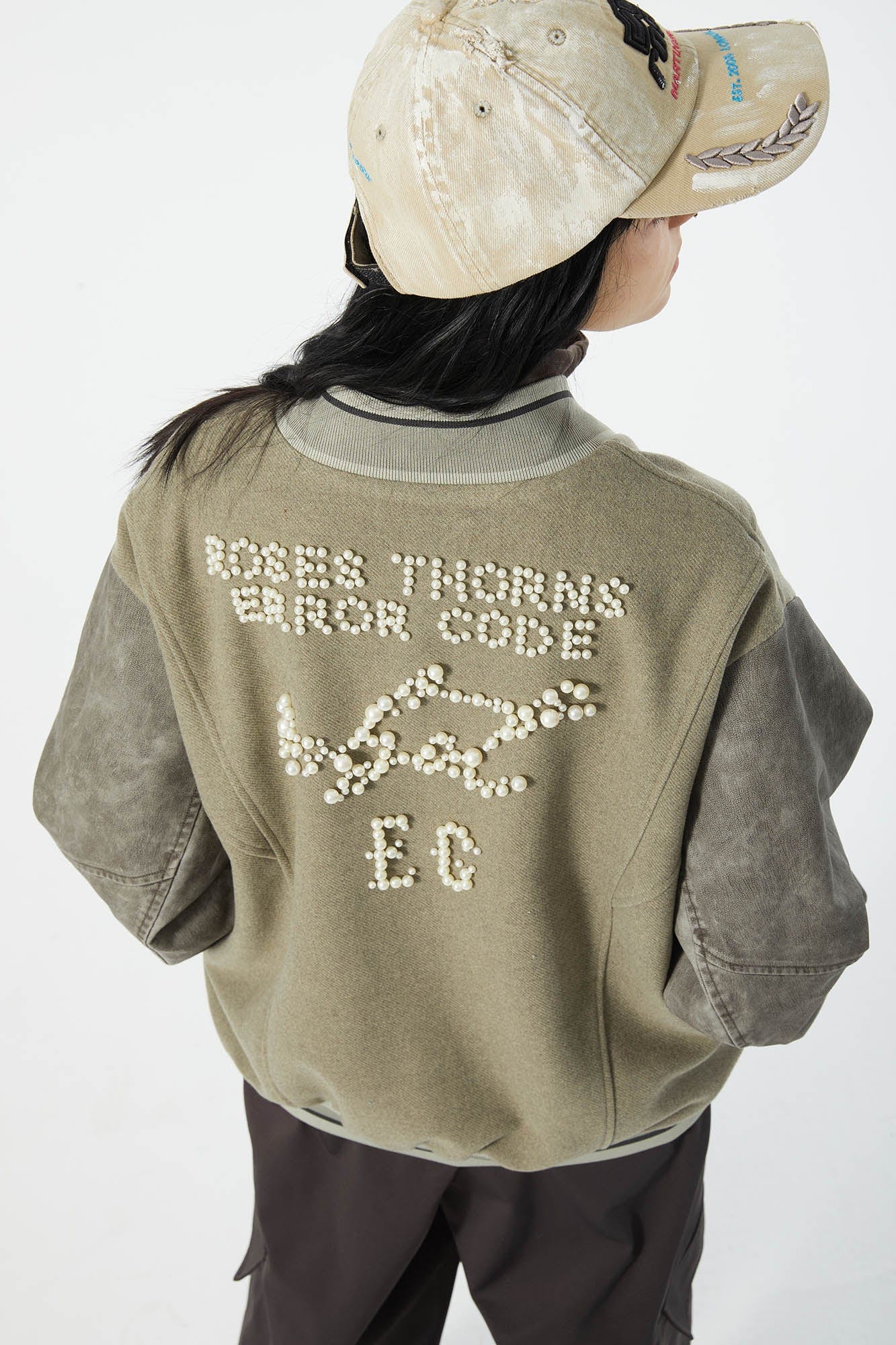 ERROR CODE ROBOT Pearl Embellished Paneled Varsity Jacket, premium urban and streetwear designers apparel on PROJECTISR.com, ERROR CODE ROBOT
