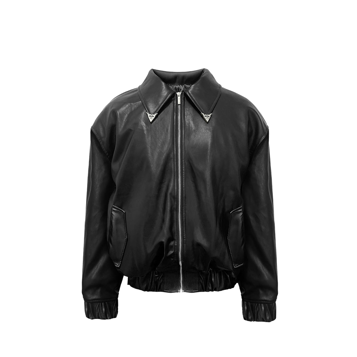 WANNA LAB Studded Embroidered Collar Faux Leather Jacket