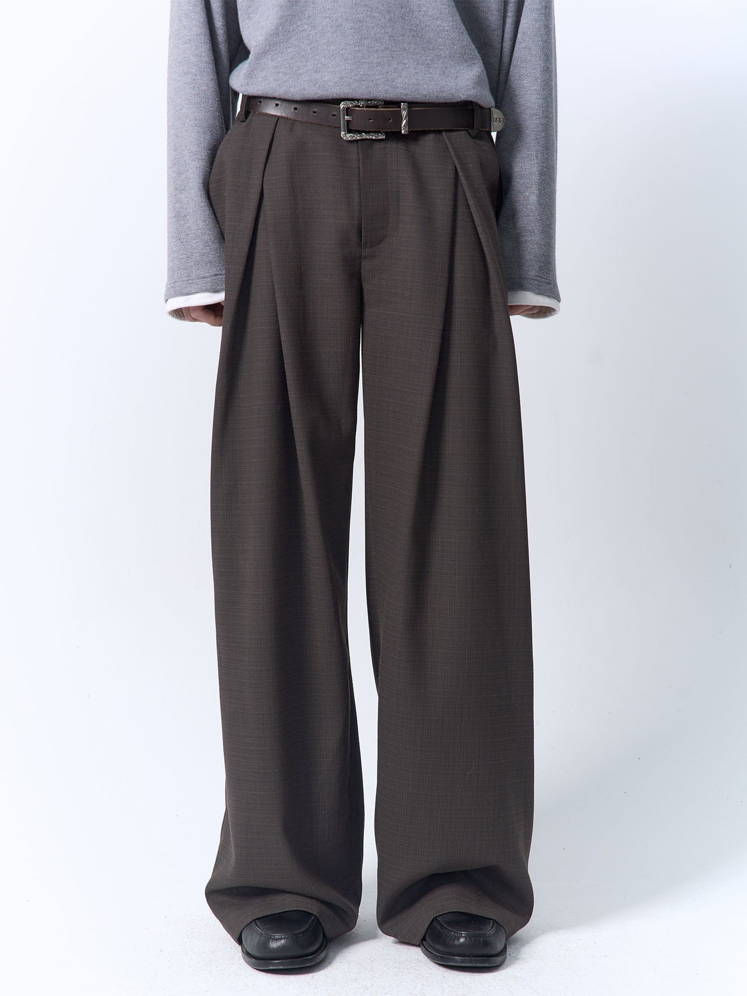 IN EXISTENCE Inverted Pleats Mini Check Wide-Leg Trousers, premium urban and streetwear designers apparel on PROJECTISR.com, IN EXISTENCE