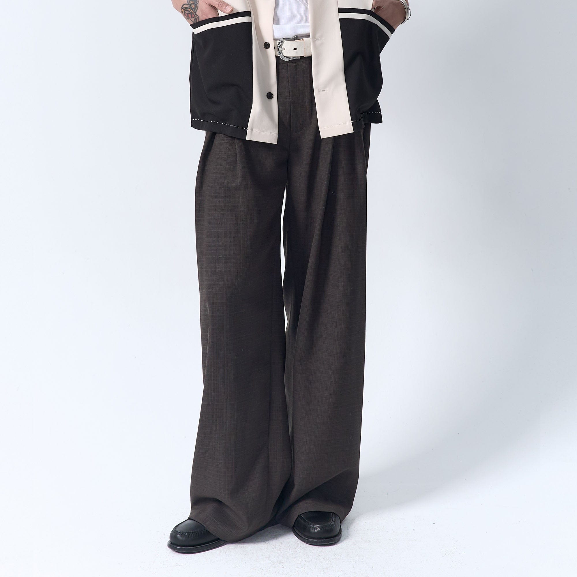 IN EXISTENCE Inverted Pleats Mini Check Wide-Leg Trousers, premium urban and streetwear designers apparel on PROJECTISR.com, IN EXISTENCE